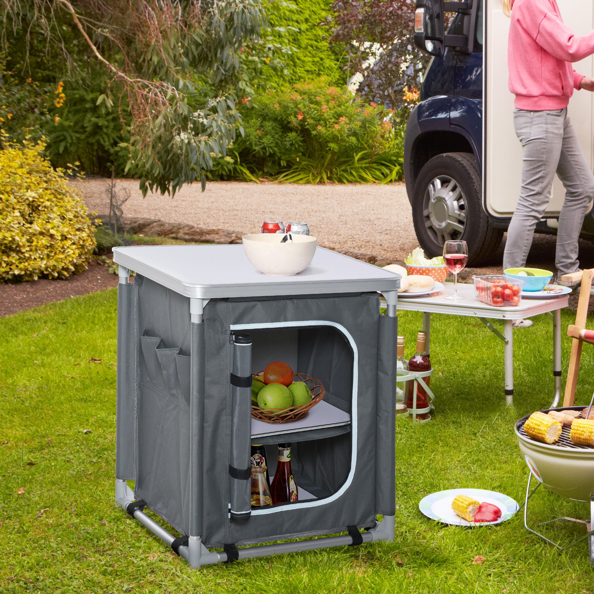 Outsunny Camping Kitchen Station, Aluminum Camping Table Cook Cupboard with 2-Shelf and Carrying Bag for BBQ Party Picnics, Grey