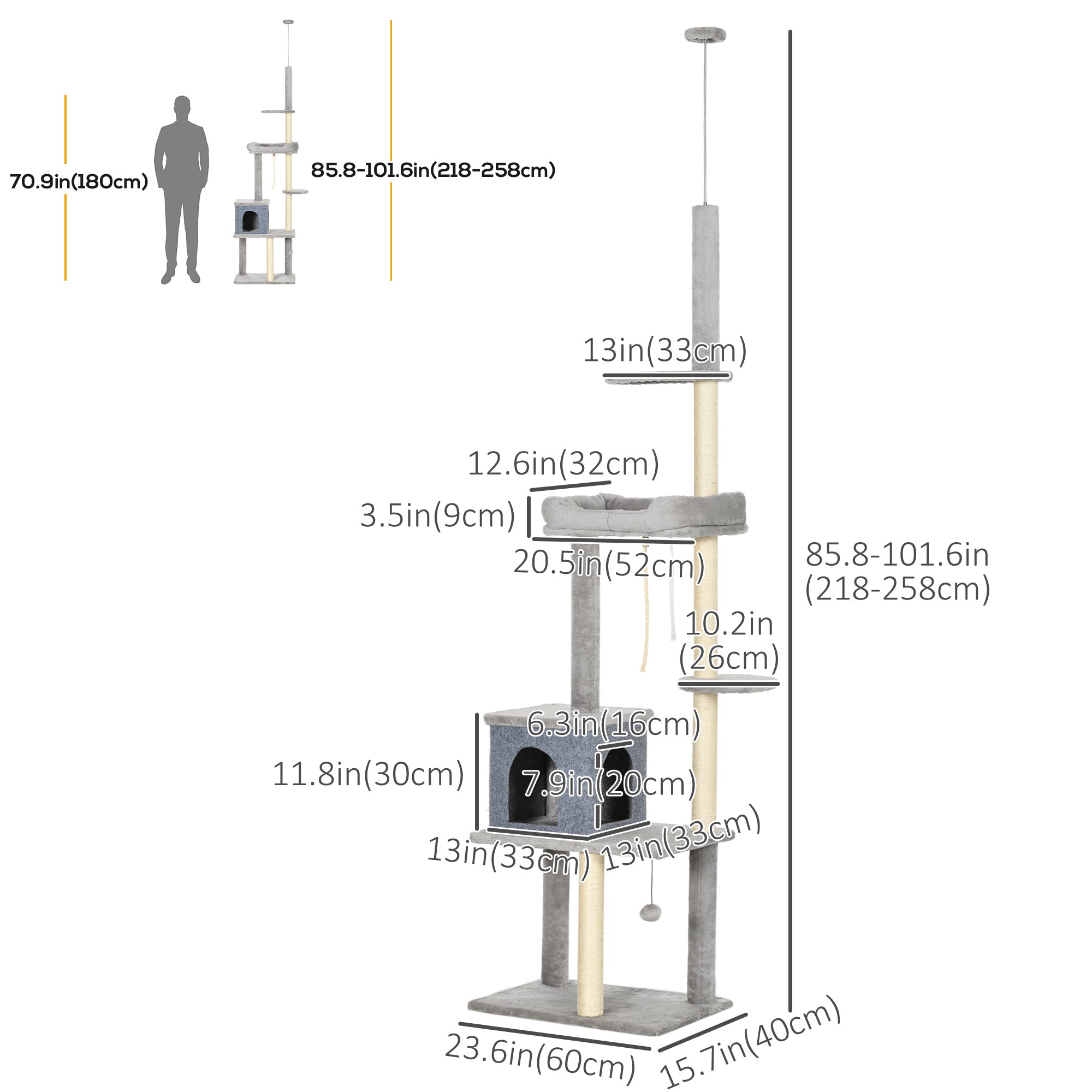 PawHut Cat Tree Floor to Ceiling Cat Tower Height Adjustable( 85-101 Inches), Tall Large Cat Climbing Activity Center with Scratching Posts Cat Condo Cozy Bed, Grey