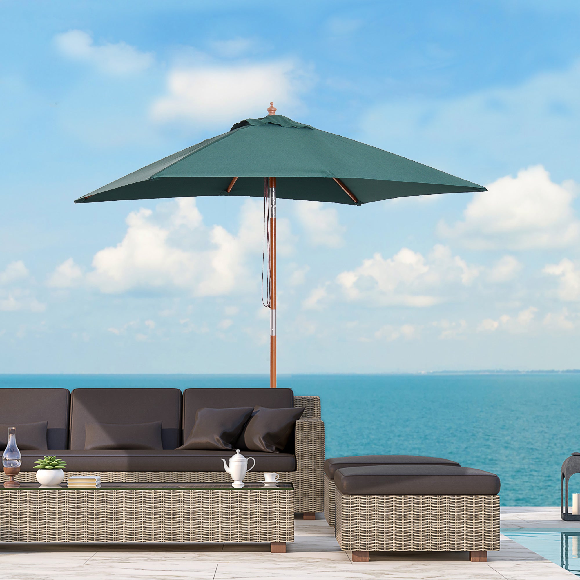 Outsunny 6.6x5ft Square Market Parasol, Wooden Patio Umbrella with Tilt Mechanism and 6 Bamboo Ribs, Garden Sunshade, Green