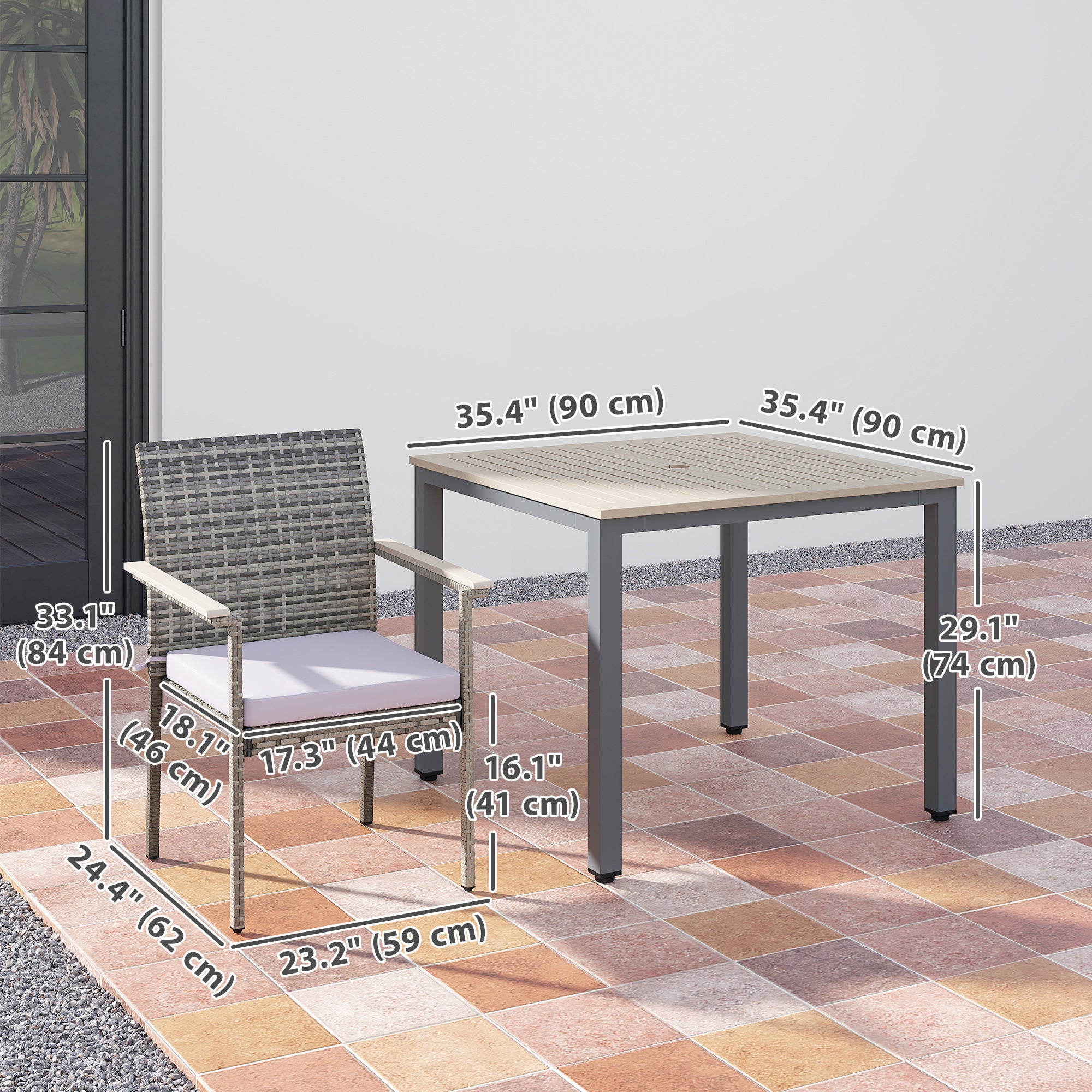 Outsunny 5 Pieces Wicker Outdoor Furniture Set, Rattan Patio Dining Set with Cushions, Umbrella Hole for Garden Backyard, Grey