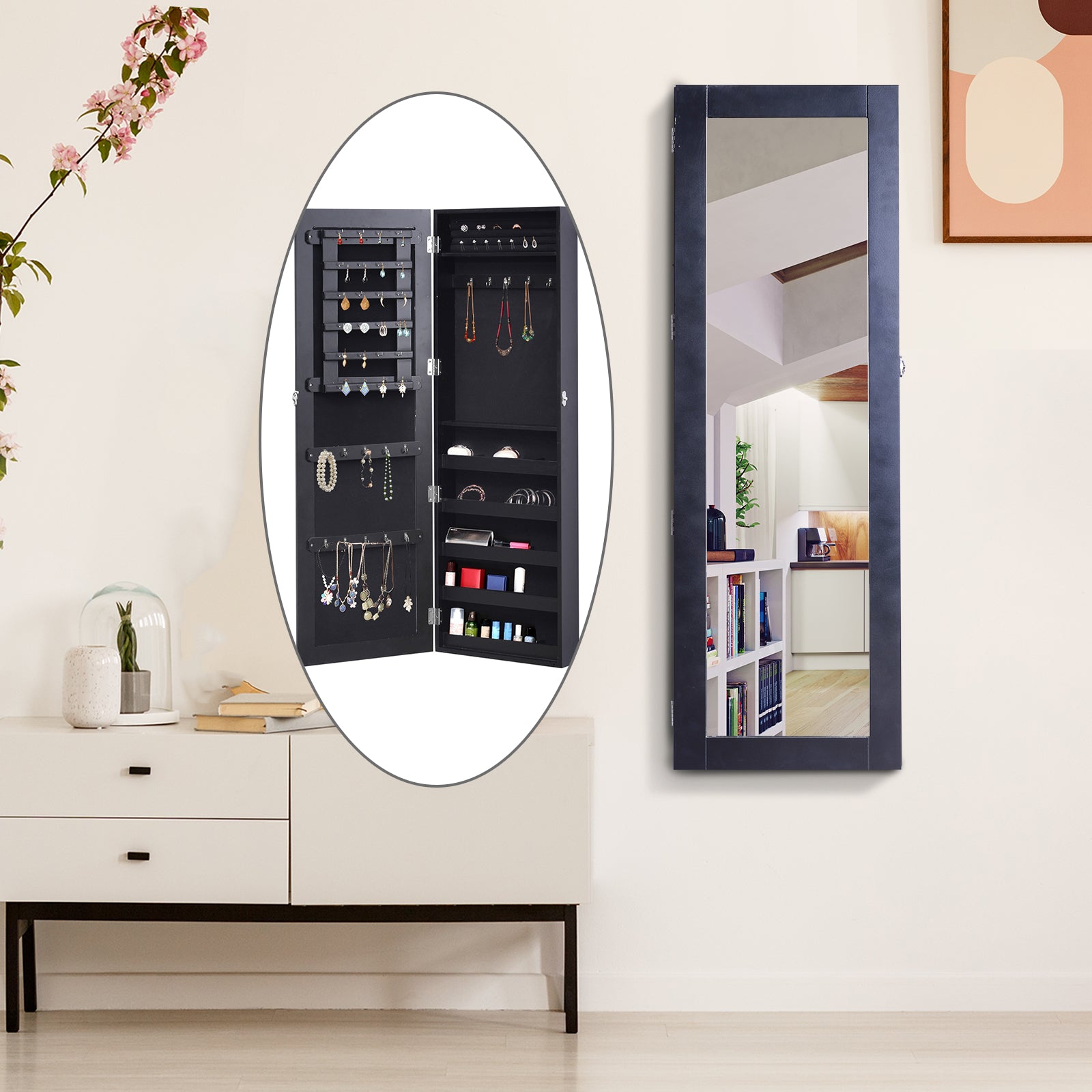 HOMCOM Mirrored Jewelry Cabinet Hanging Wall Mount Real Glass Mirror Locked (Black)