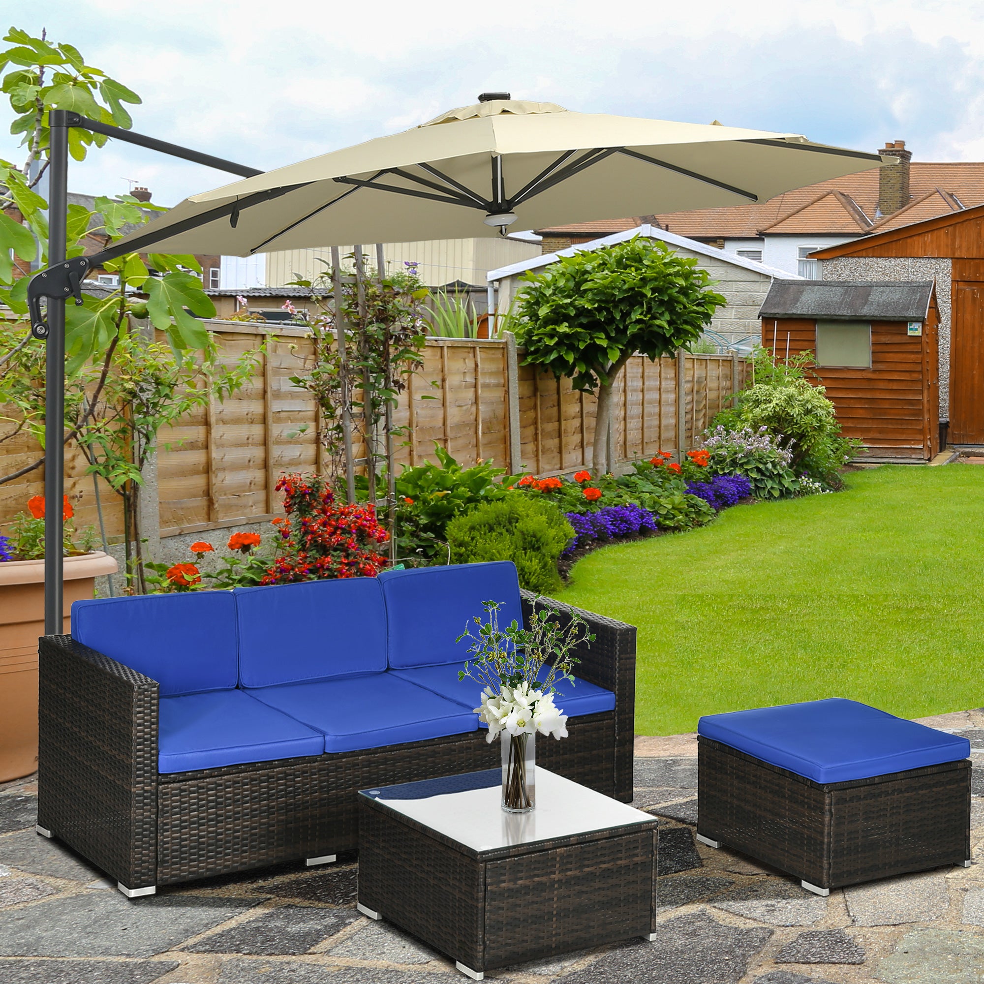 Outsunny 3 Pieces Patio Furniture Set with Cushions, Outdoor PE Rattan Wicker Conversation Corner Sofa Set with Glass Top Table and Adjustable Foot for Garden, Lawn, Blue