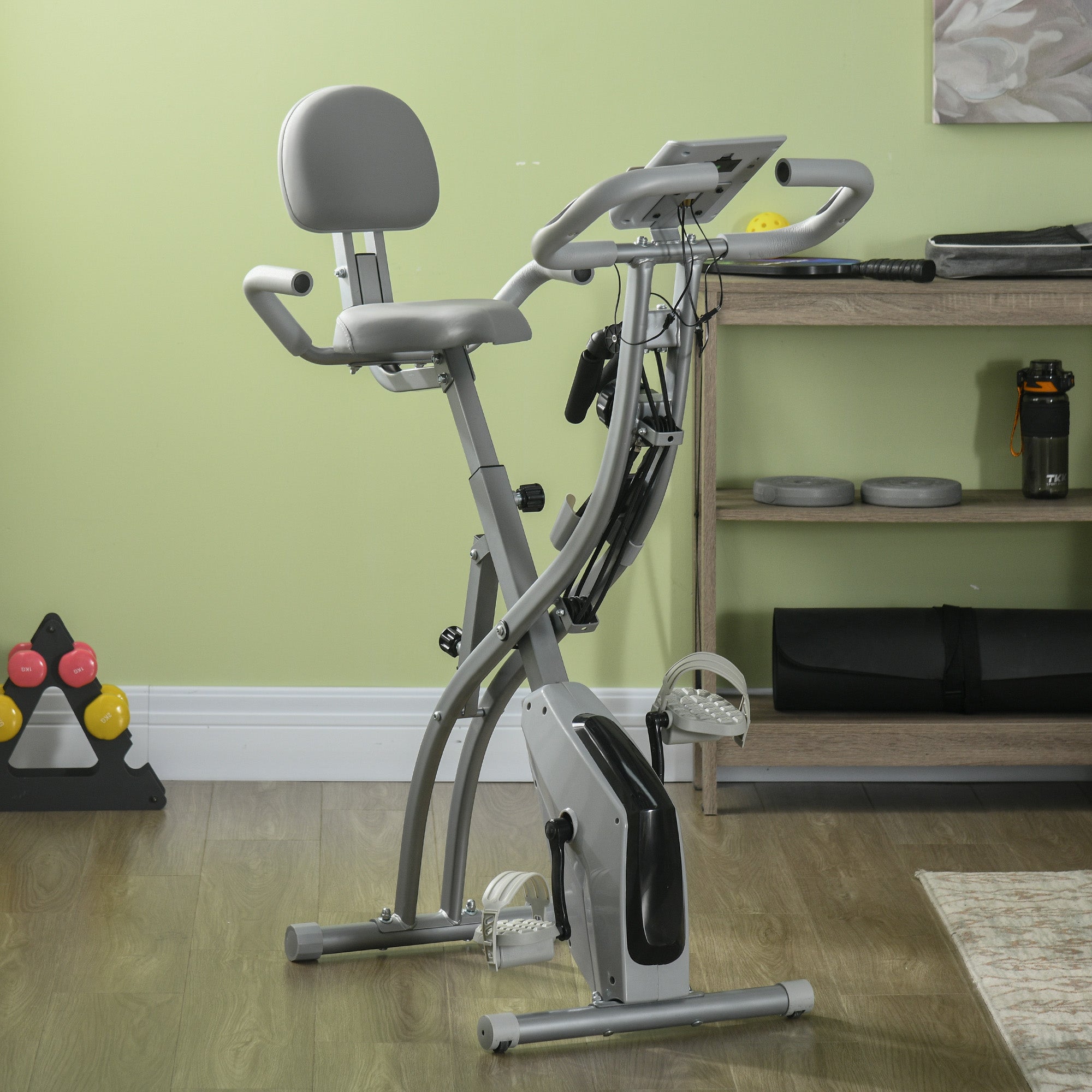Soozier 3 in 1 Folding Exercise Bike, Foldable Stationary Bike with 8-Level Magnetic Resistance, Adjustable Seat, Grey
