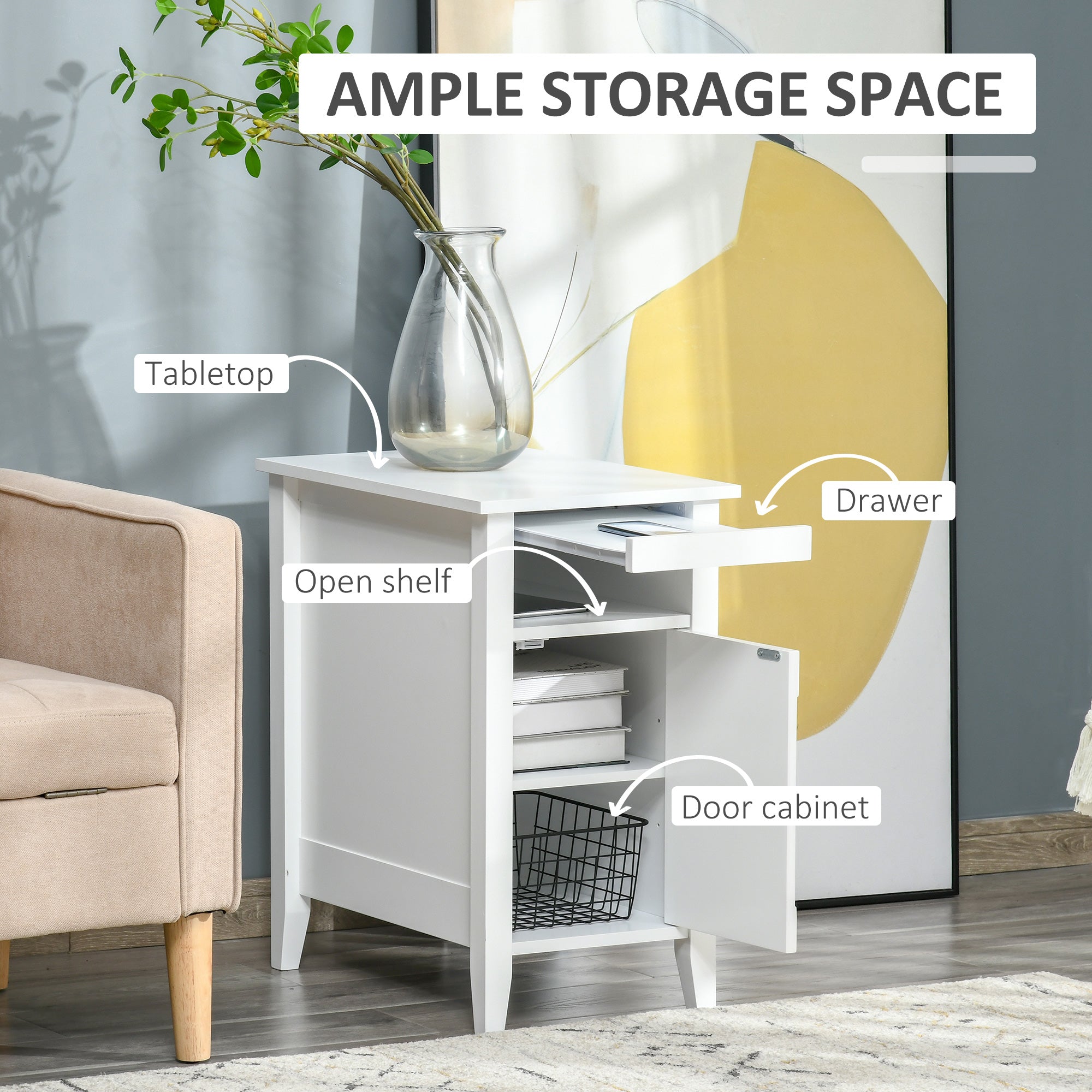 HOMCOM Wooden3-Tier Modern Nightstand with Pullout Shelf, Adjustable Open Shelf, and Door Cabinet, White