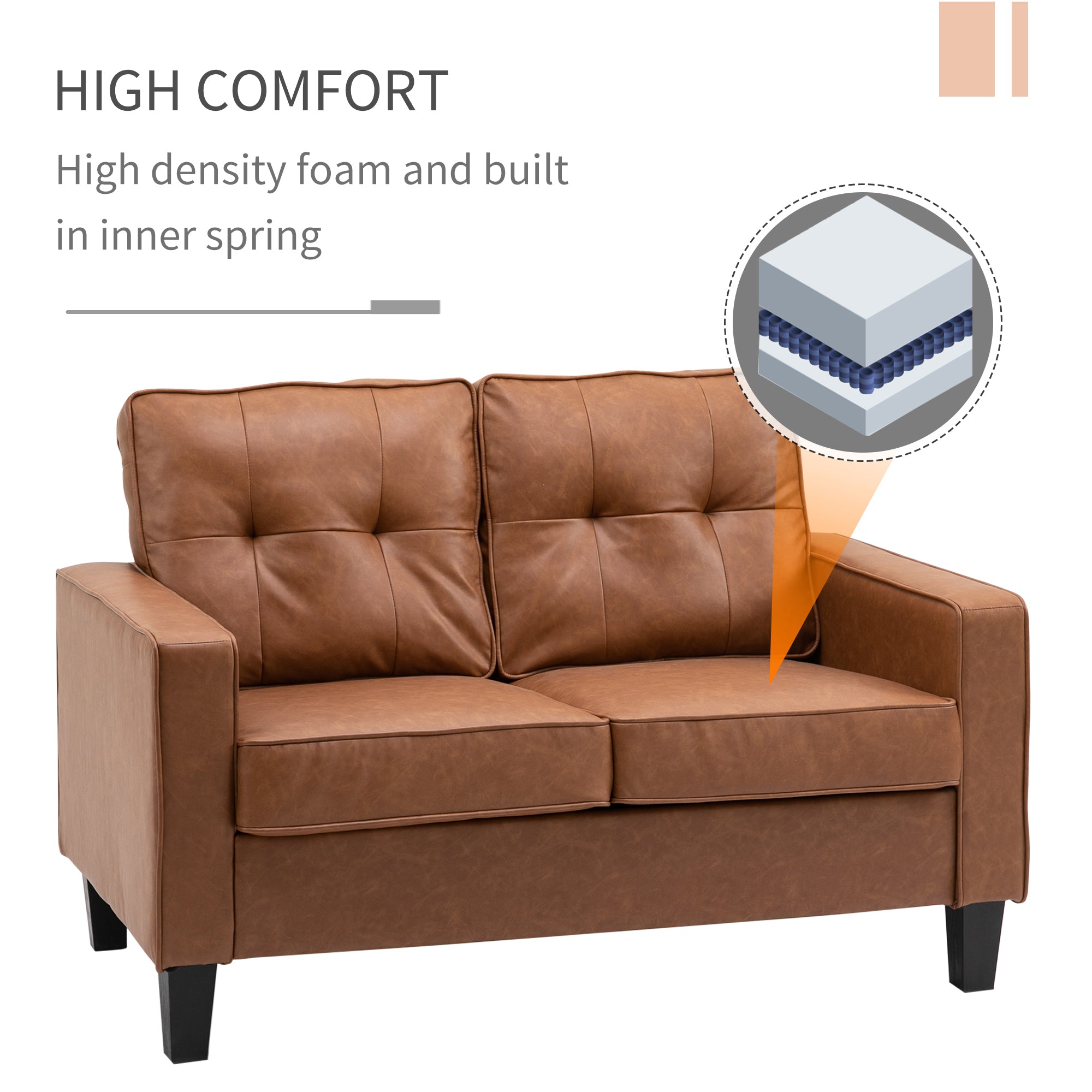 HOMCOM 51" PU Leather Loveseat, Upholstered Double Sofa Couch with Armrests, Tufted Backrest, Pocket Spring and Sponge Padded Cushion for Living Room, Bedroom, Home Office, Brown