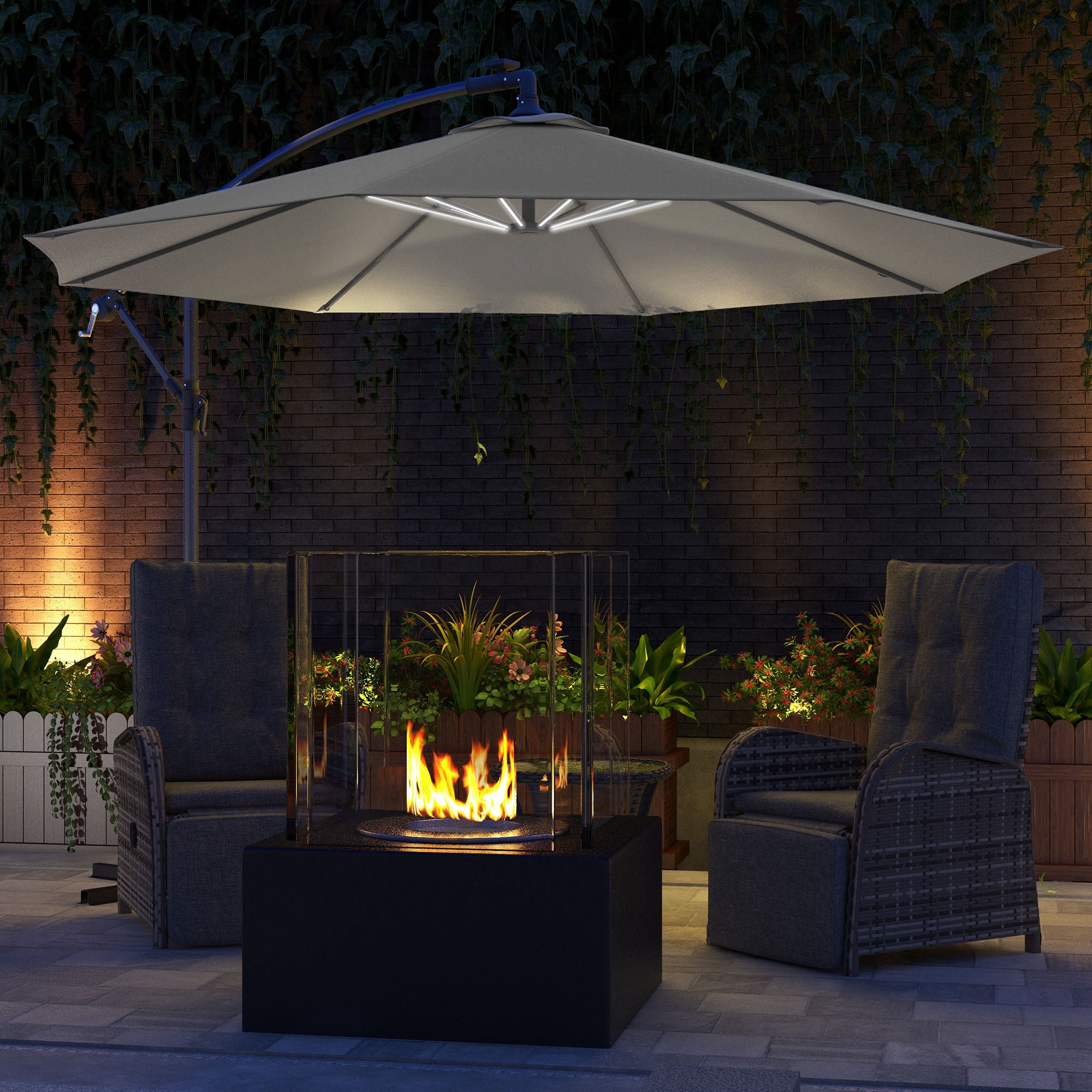 Outsunny 10ft Outdoor Cantilever Hanging Offset Umbrella with Solar LED Lights, Crank, Cross Base, Aluminum Frame, Grey