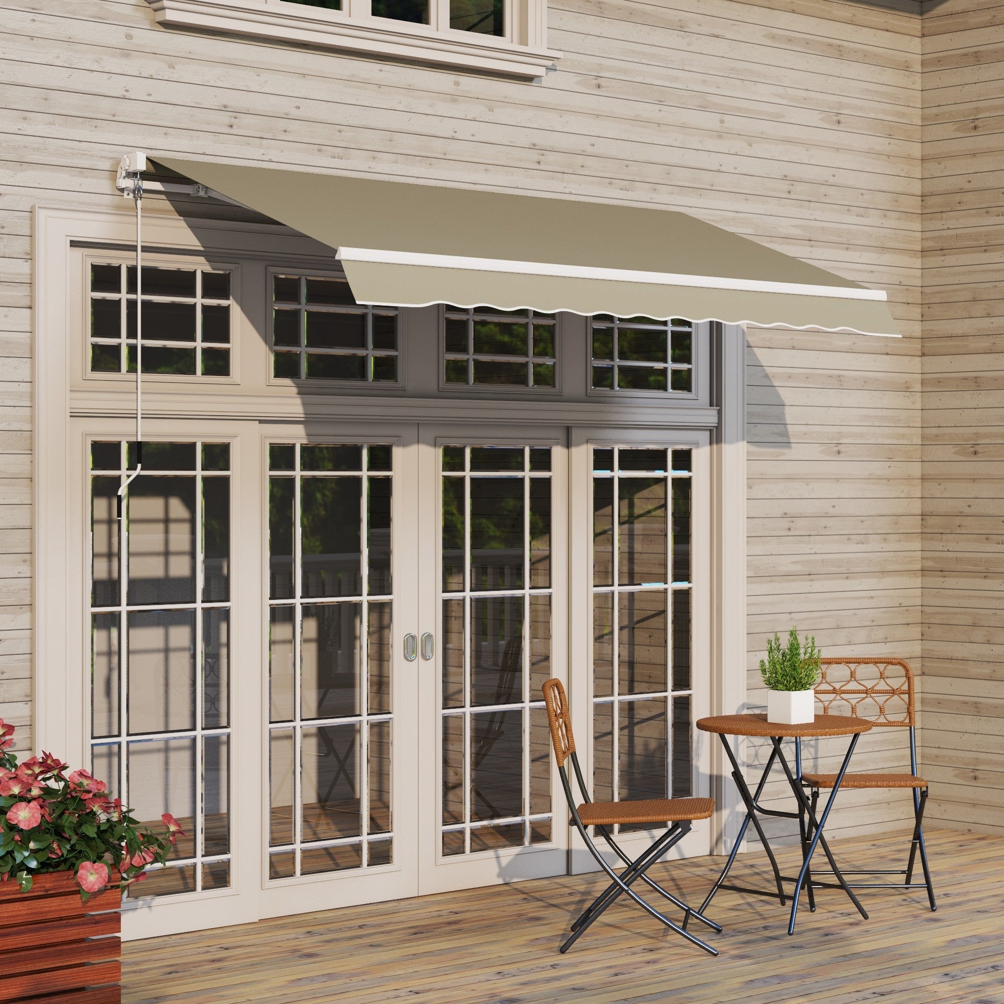 Outsunny 8'x7' Patio Awning Manual Retractable Sun Shade Outdoor Deck Canopy Shelter, Khaki