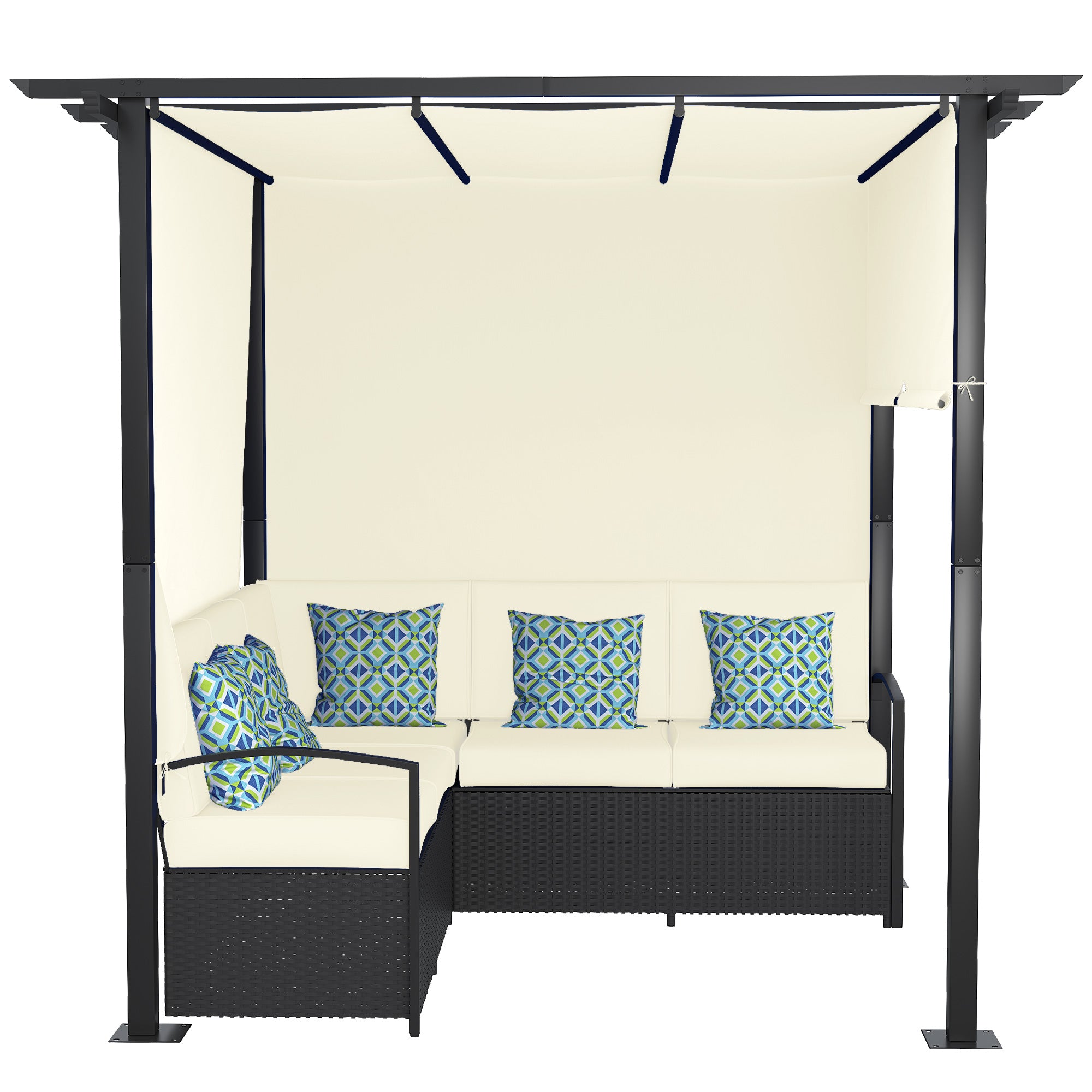Outsunny Outdoor Rattan Wicker Patio Furniture Sofa Set with Retractable Canopy Pergola for Deck, Pool, Garden, Beige