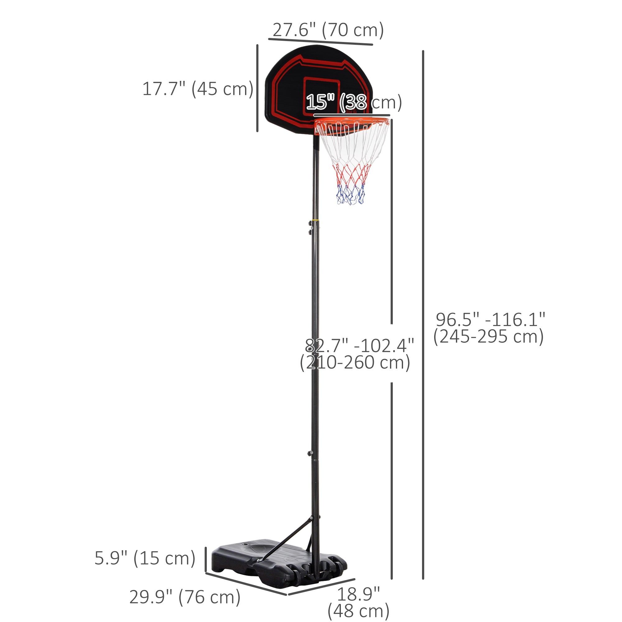 HOMCOM 7-8.5ft Basketball Hoop, Freestanding Basketball System with 27.5" Shatterproof Backboard and Wheels, Black