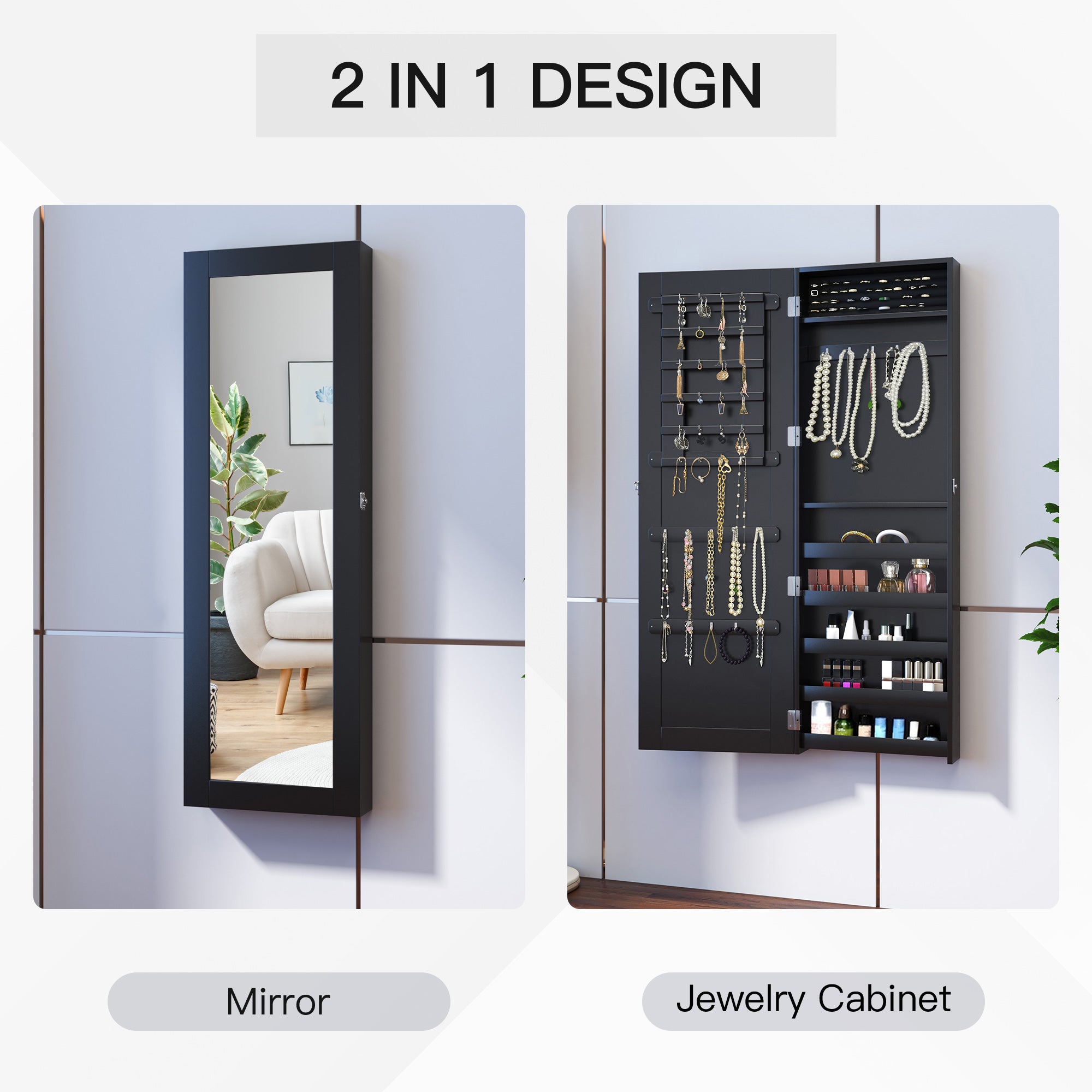 HOMCOM Mirrored Jewelry Cabinet Hanging Wall Mount Real Glass Mirror Locked (Black)