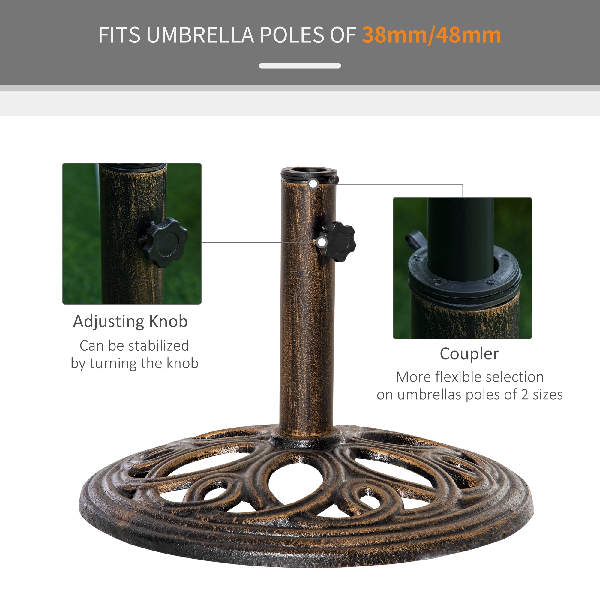 Outsunny Patio Umbrella Base Stand, Round Cast Iron Umbrella Holder for Outdoor, Patio, Garden,Deck and Beach, Fit Dia. 1.5", 2" Pole, Bronze