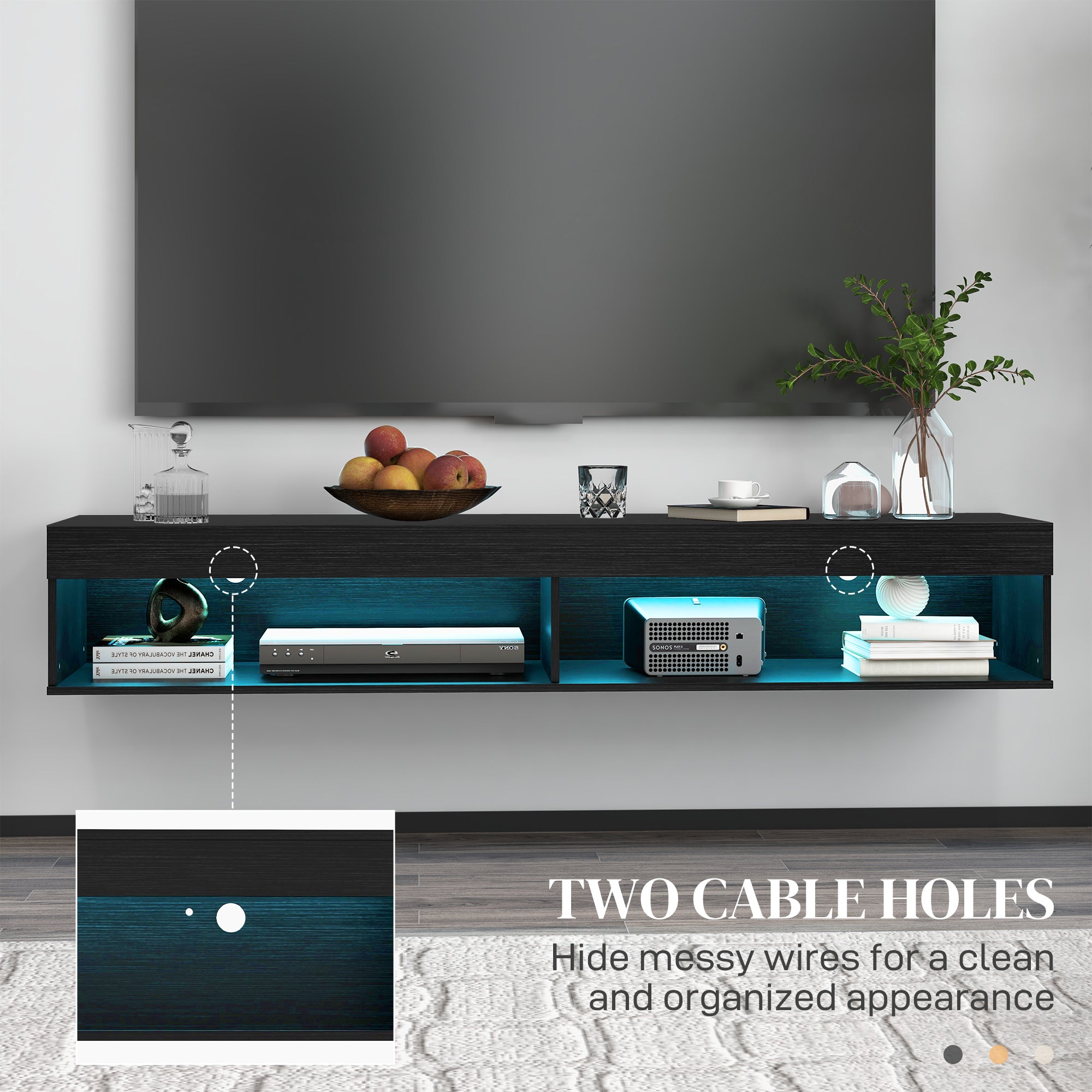 HOMCOM Modern Wall Mounted TV Stand with Storage and LED Lights for TVs up to 75", Floating TV Shelf for Living Room, Black
