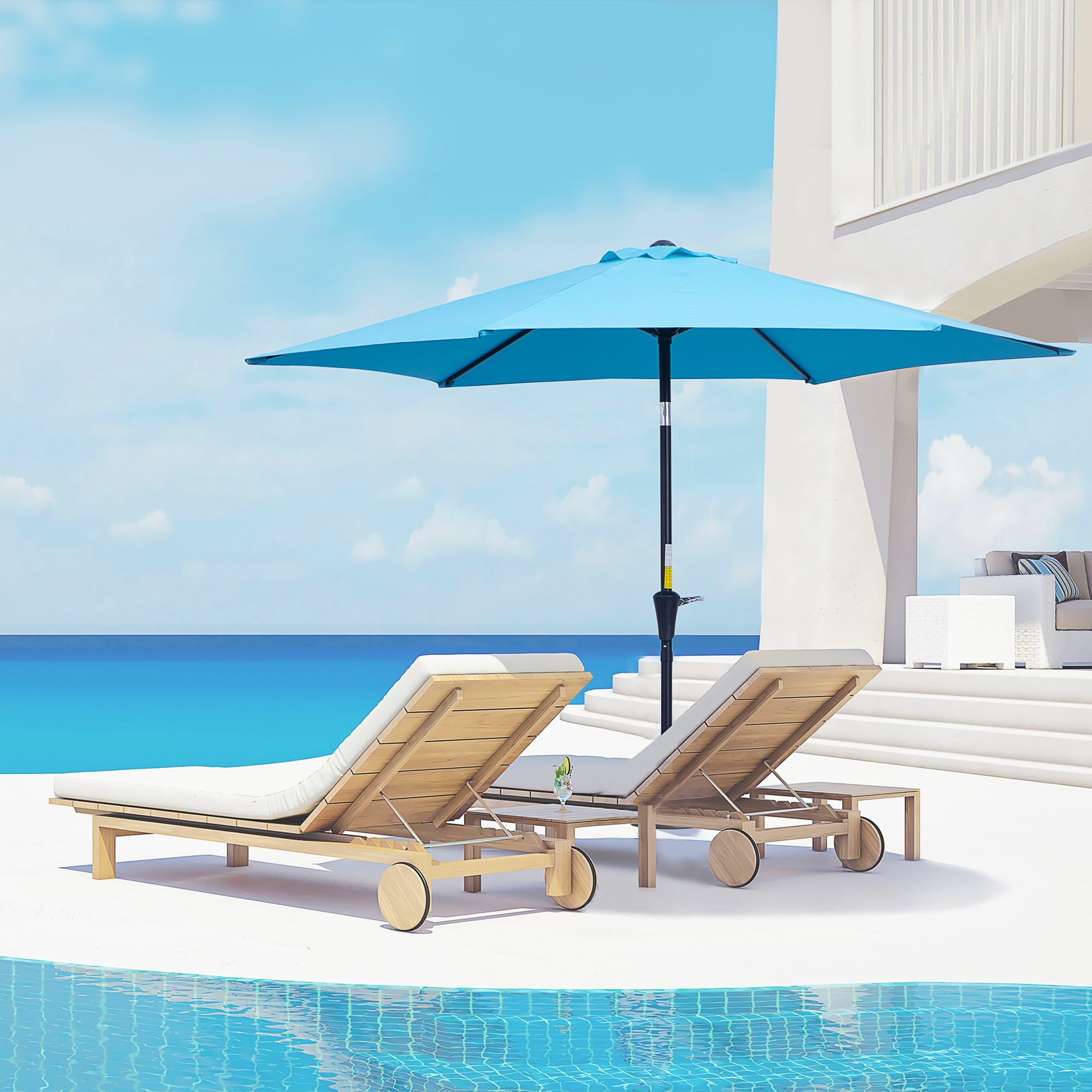 Outsunny 8.5' Round Aluminum Patio Umbrella Garden Parasol Market Sunshade Tilt Canopy w/ 6 Ribs, Crank Handle, Blue