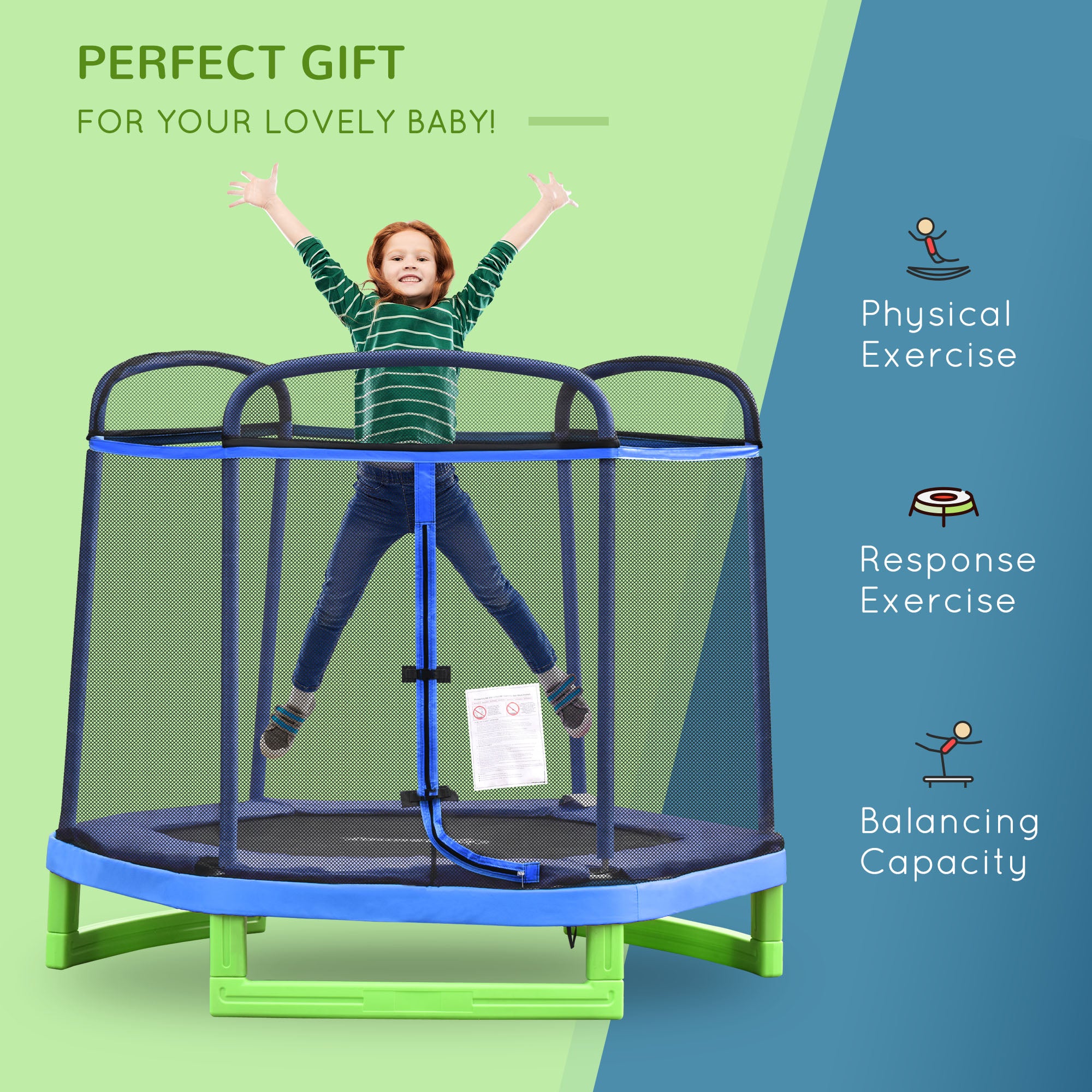 Outsunny 84.75" Kids Trampoline 7 FT Indoor Outdoor Trampolines with Safety Net Enclosure Built-in Zipper Padded Covering, for Boys and Girls, Blue