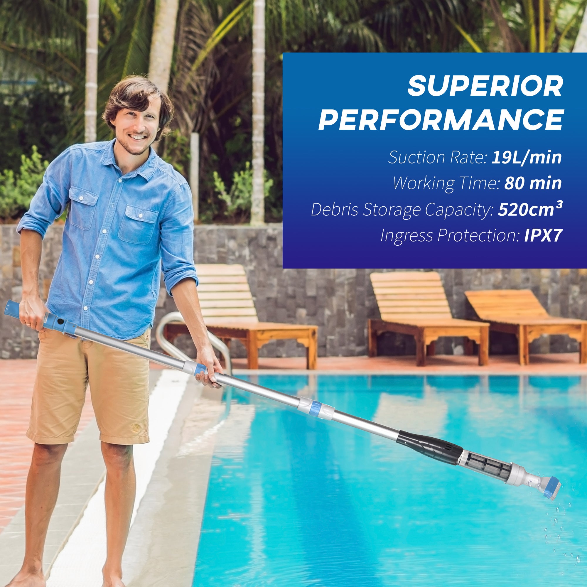 Outsunny Handheld Pool Vacuum, Cordless Pool Cleaner with Adjustable Pole and Brush Head for Above Ground & Inground Pools