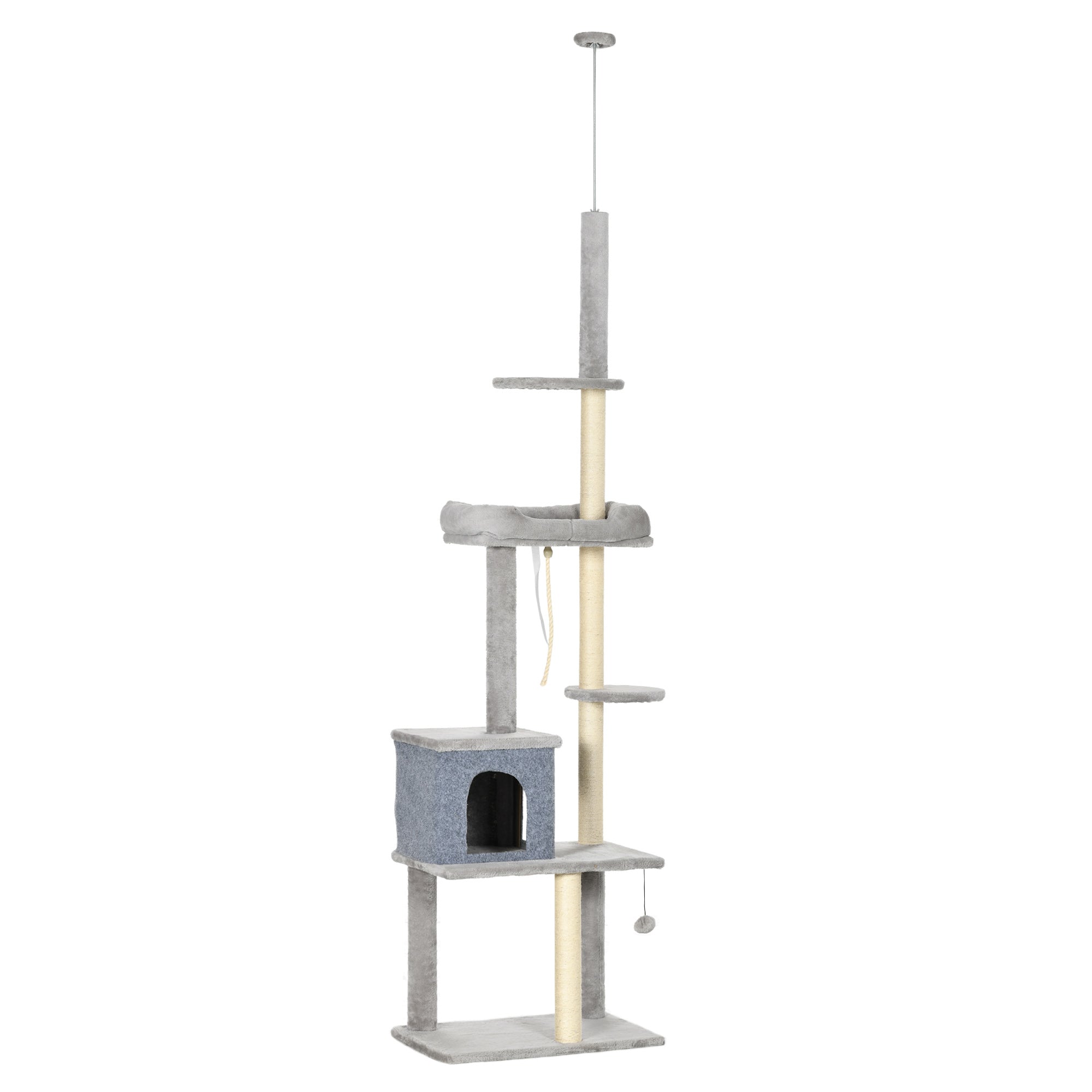 PawHut Cat Tree Floor to Ceiling Cat Tower Height Adjustable( 85-101 Inches), Tall Large Cat Climbing Activity Center with Scratching Posts Cat Condo Cozy Bed, Grey
