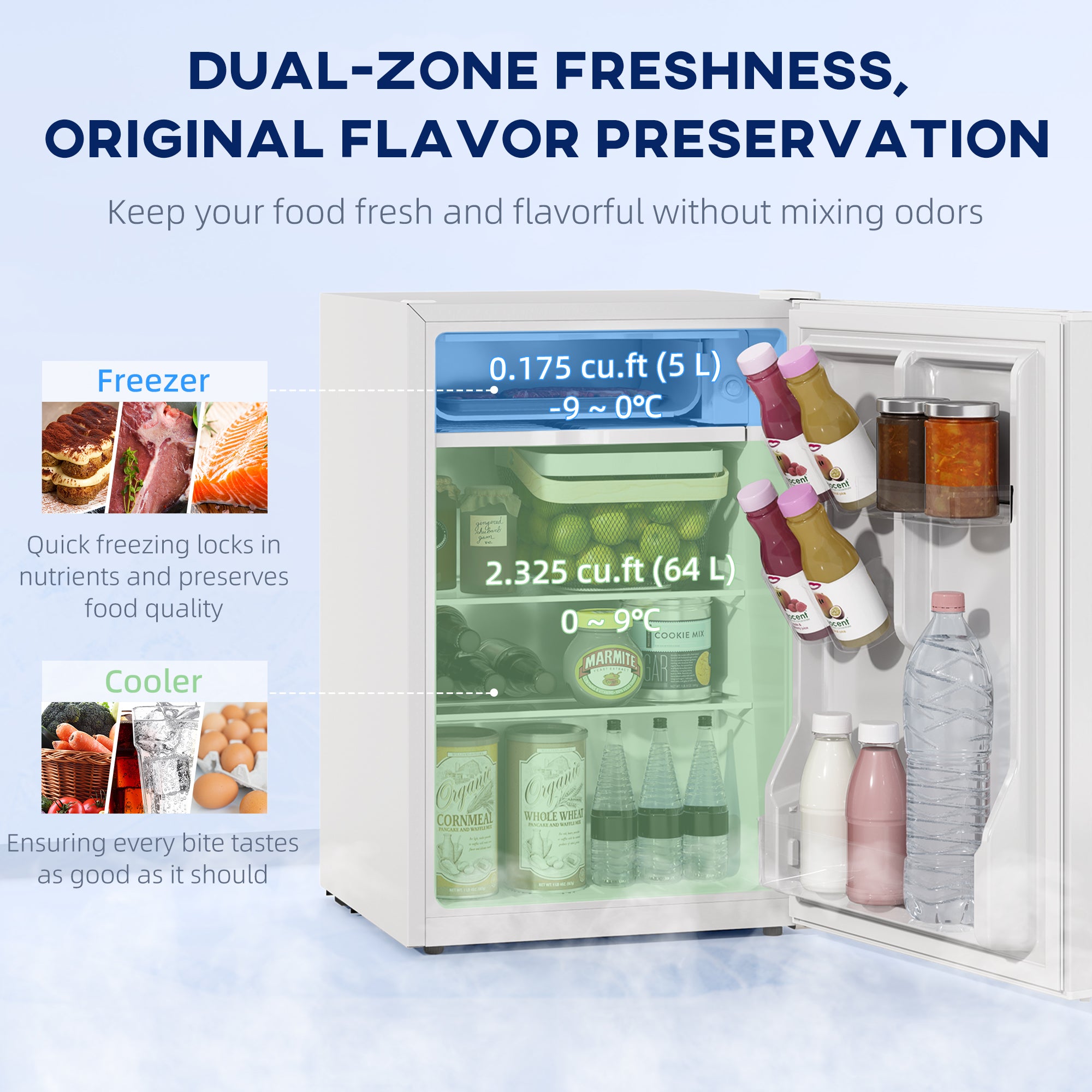 HOMCOM 2.5 Cu.Ft Mini Fridge, Single Door Compact Refrigerator with Freezer, Adjustable Thermostat, Reversible Door, White