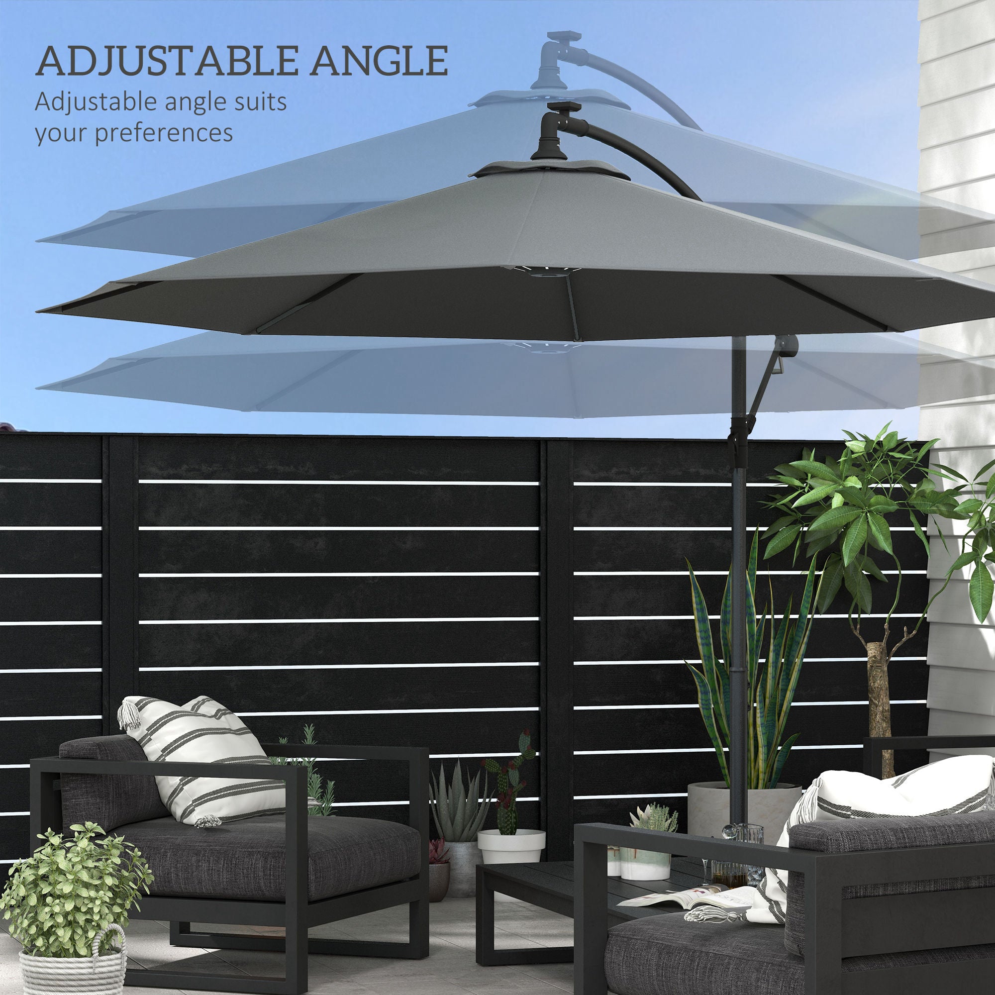 Outsunny 10ft Outdoor Cantilever Hanging Offset Umbrella with Solar LED Lights, Crank, Cross Base, Aluminum Frame, Grey