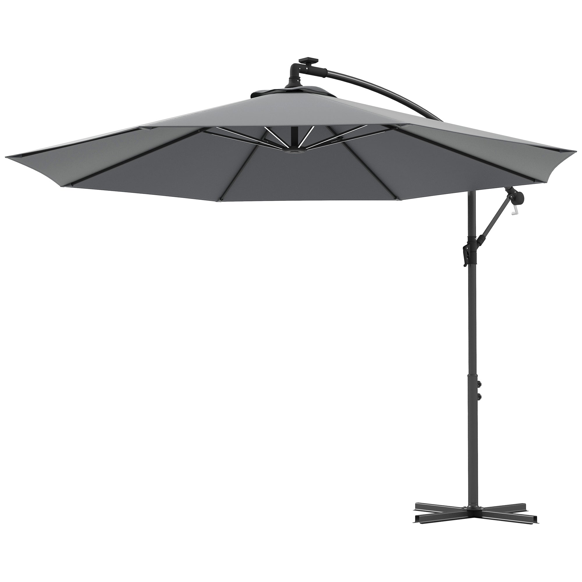 Outsunny 10ft Outdoor Cantilever Hanging Offset Umbrella with Solar LED Lights, Crank, Cross Base, Aluminum Frame, Grey