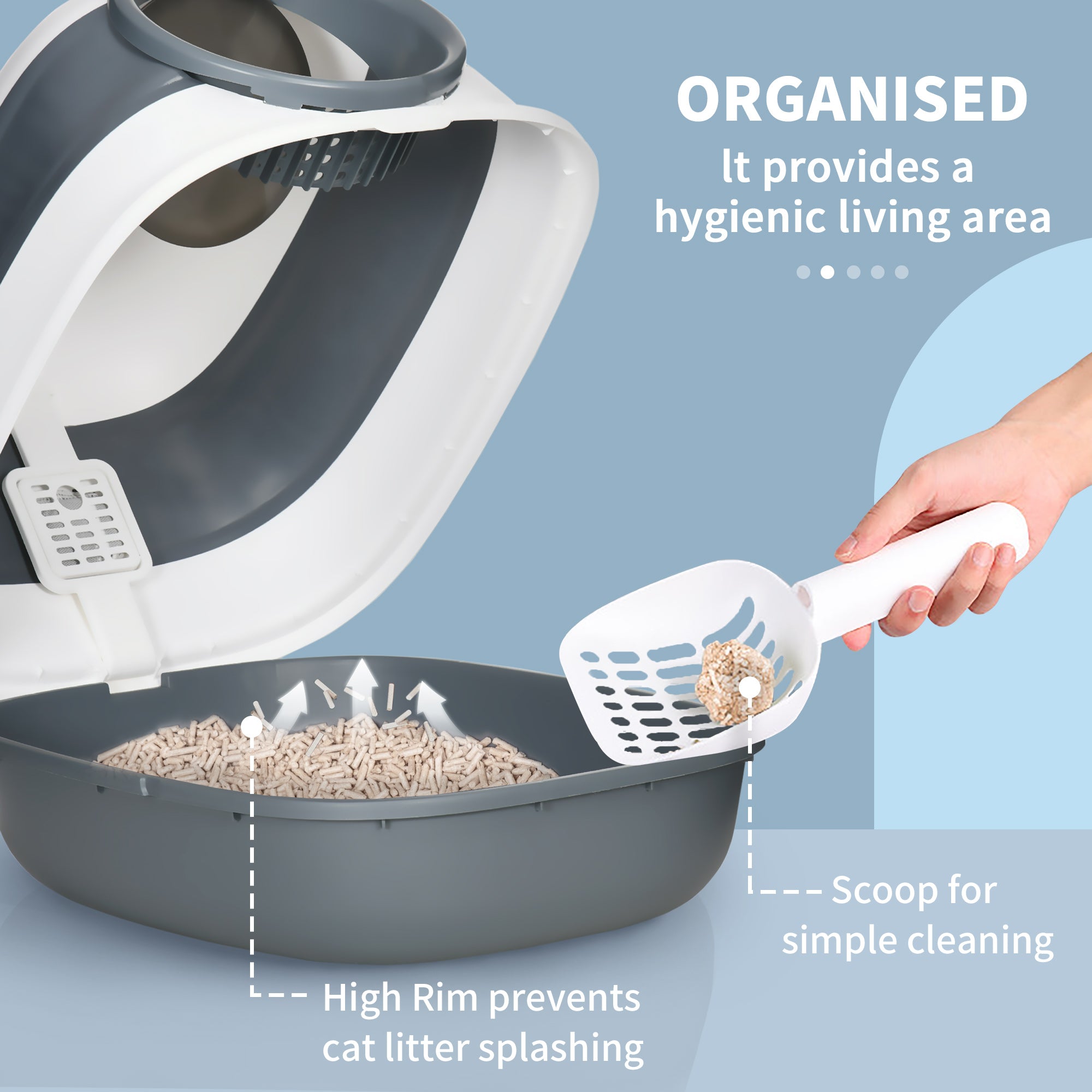 PawHut Foldable Large Cat Litter Box with Lid, Covered Kitten Litter Box w/ Automatic Cat Litter-Proof Sides, Deodorization, Easy to Clean, White and Grey