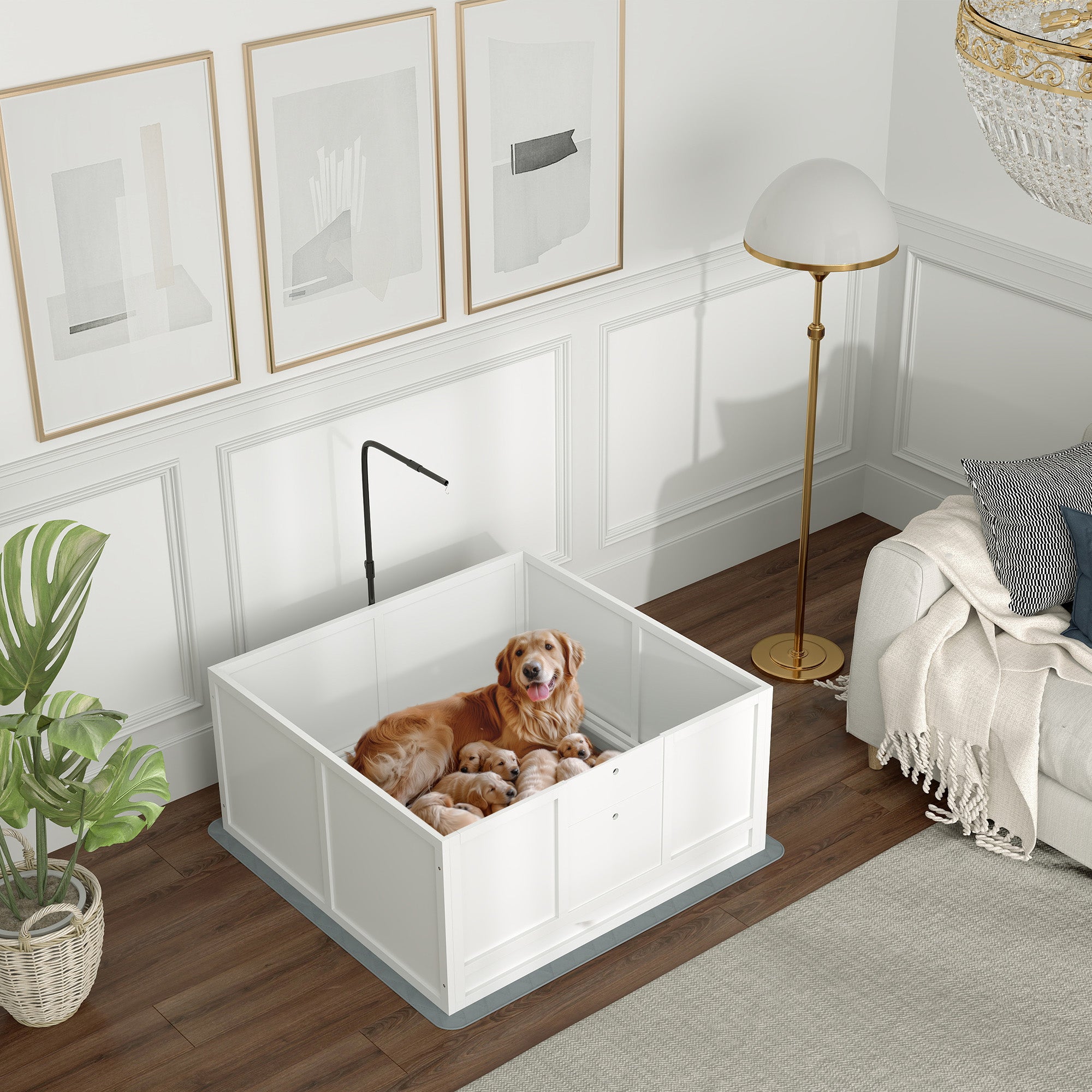 PawHut Whelping Box for Dogs with Retractable Light Stand, Waterproof Pad, Rail, Adjustable Height Door, 41" x 39"