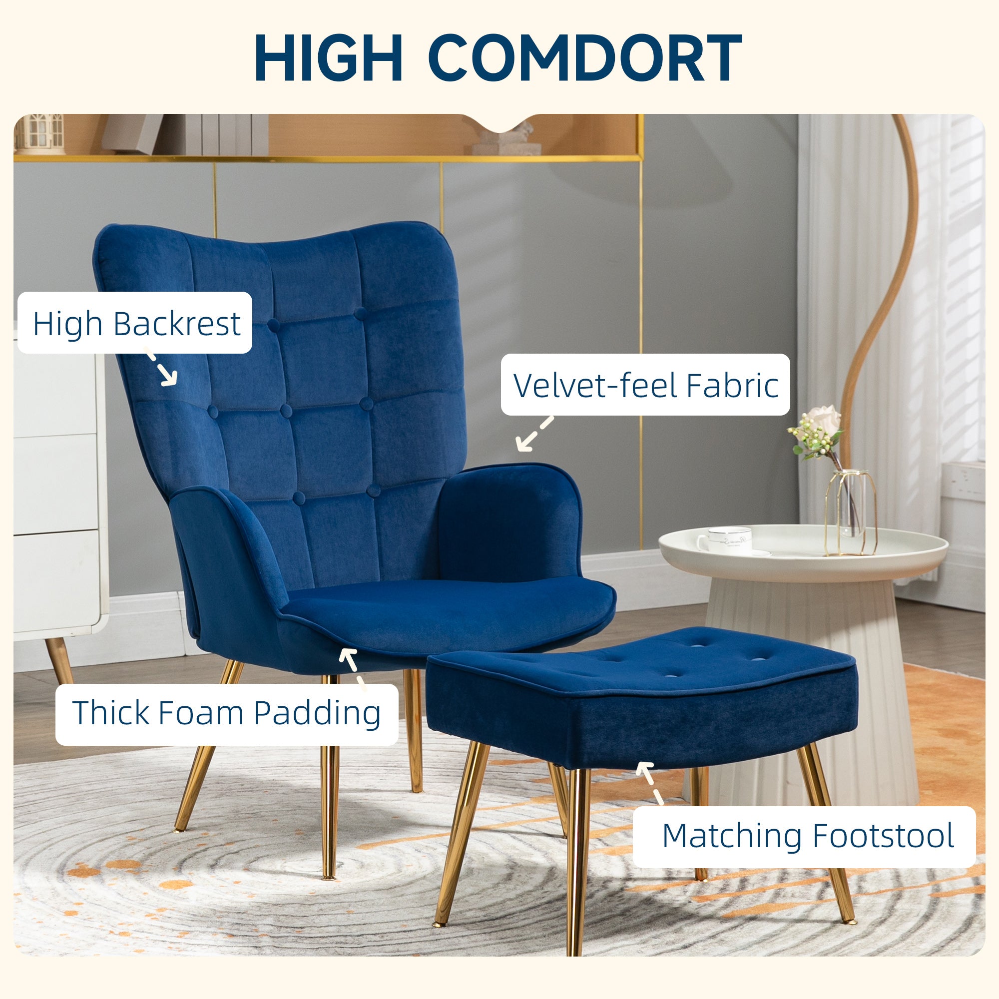 HOMCOM Modern Accent Chair with Footrest, Gold Metal Legs for Living Room & Bedroom - Dark Blue Upholstered Armchair