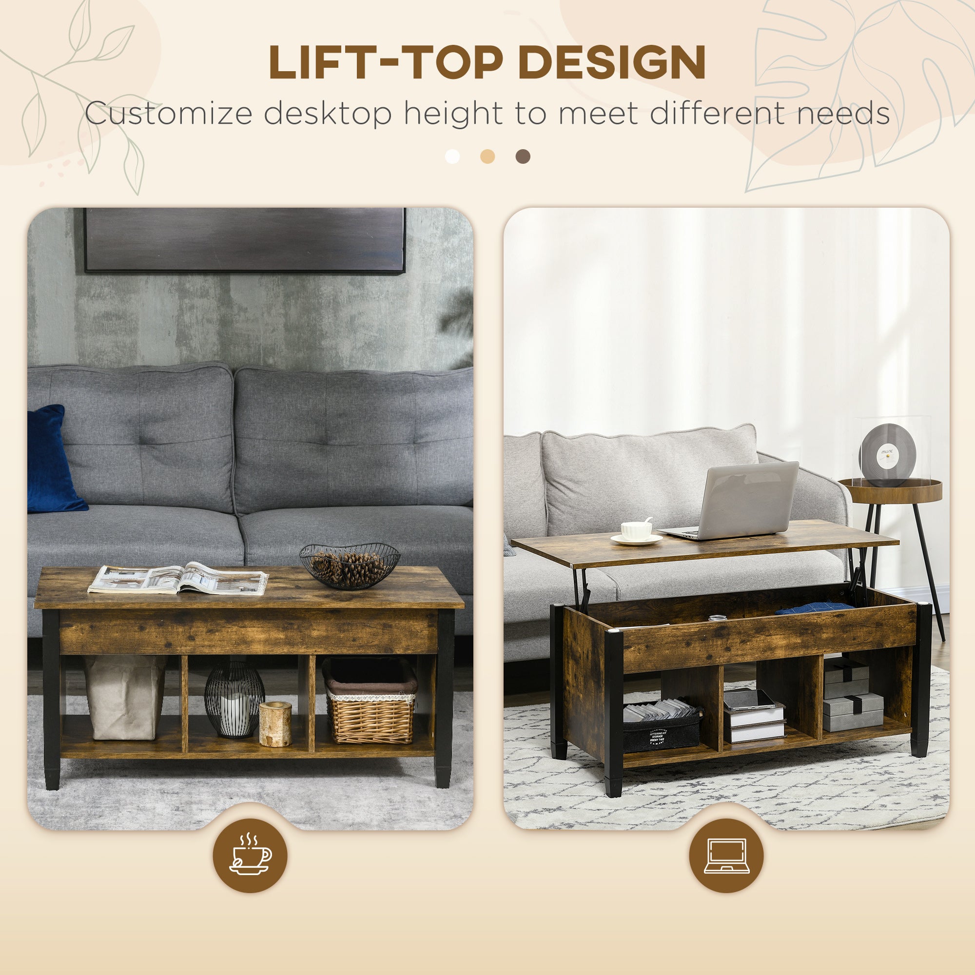 HOMCOM Lift Top Coffee Table with Hidden Storage Compartment and 3 Lower Shelves, Pop-Up Center Table for Living Room, Rustic Brown