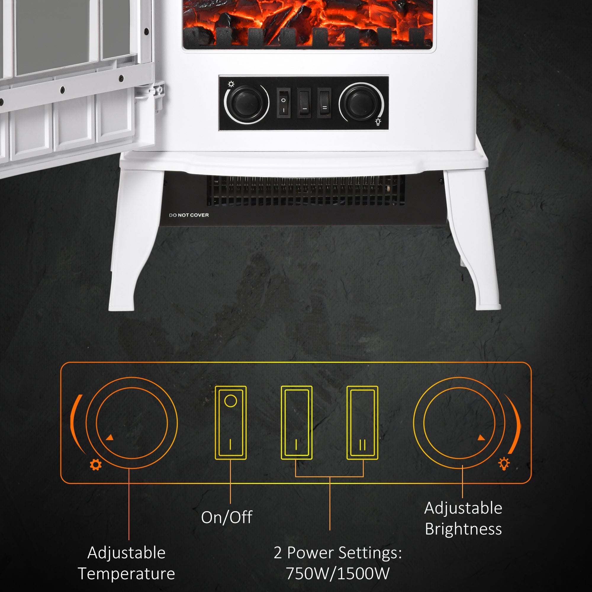 HOMCOM Electric Fireplace Stove, Freestanding Fireplace Heater with Realistic Flame, Adjustable brightness, Overheating Safety System, White