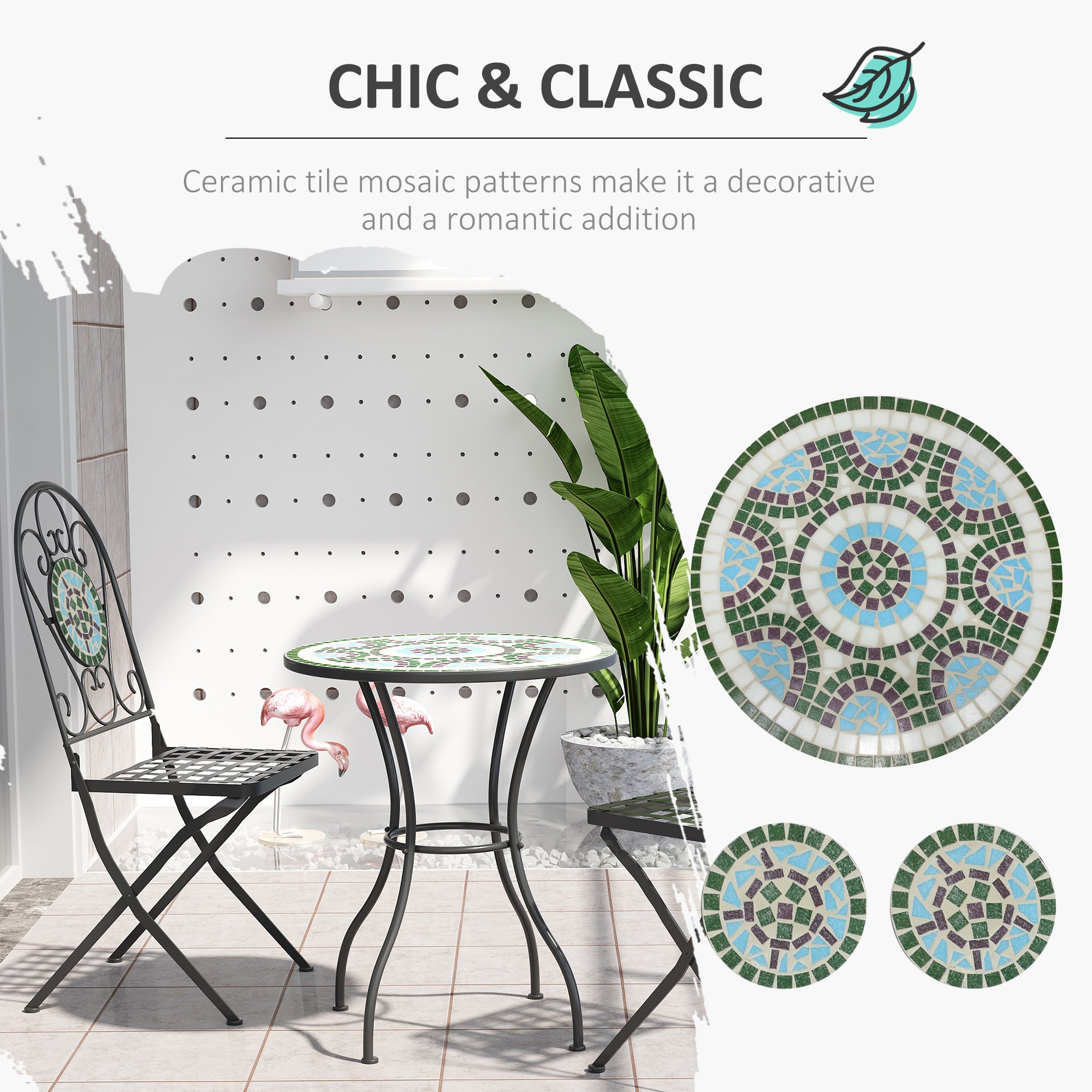 Outsunny 3 Piece Patio Bistro Set with Mosaic Design, Outdoor Dining Furniture Set for 2 with Folding Chairs, Green