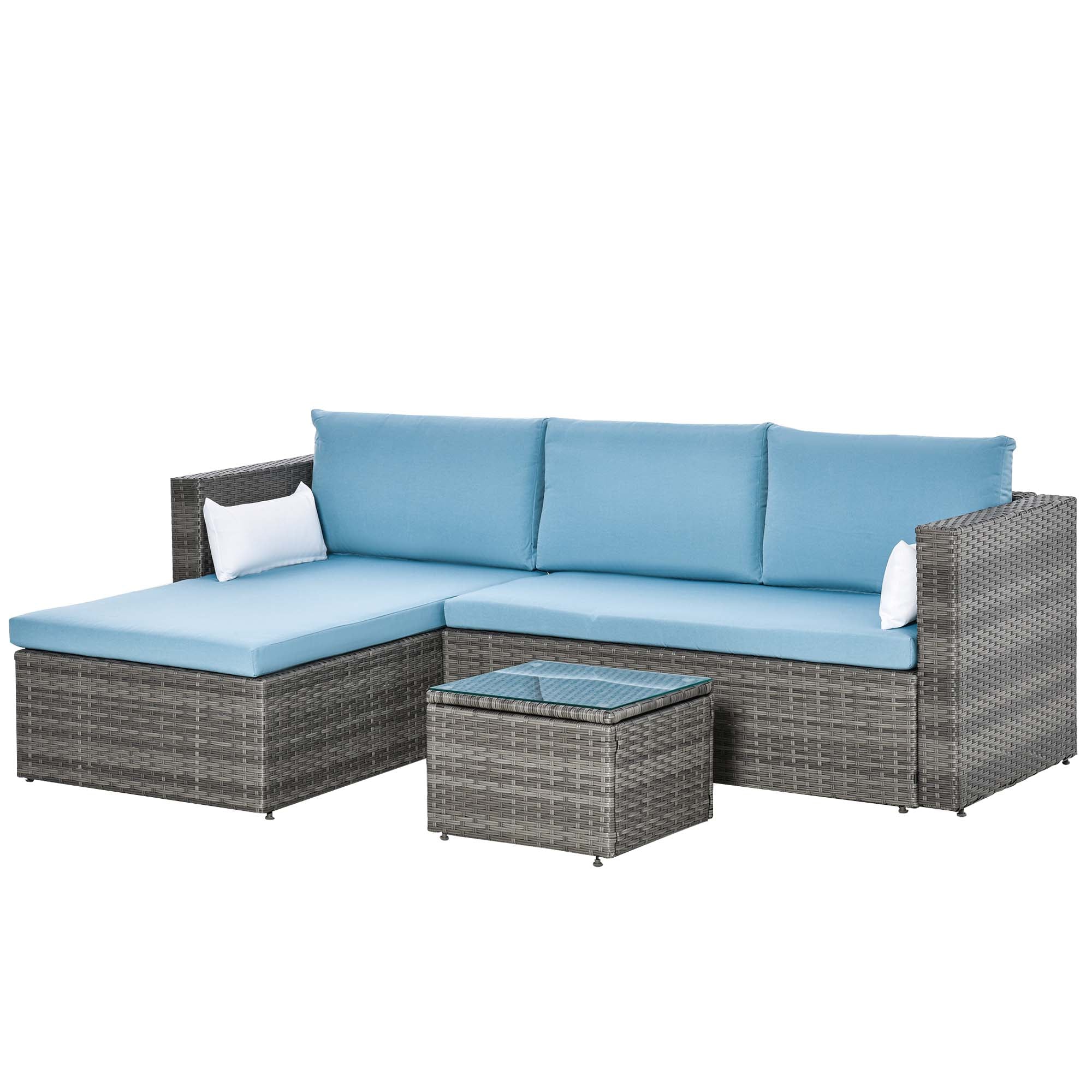 Outsunny 3-Piece Patio Furniture Set Modern Sectional Sofa Rattan Chair Wicker Conversation Set Outdoor Hand Woven Rattan Wicker Furniture Patio Coffee Table Sofa Set, Blue