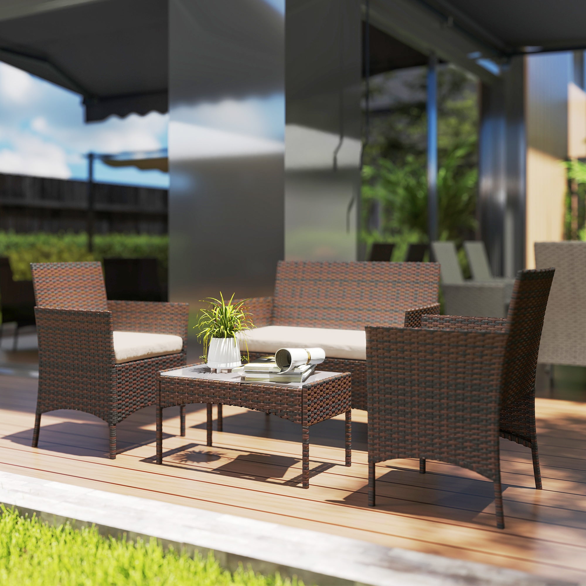 Outsunny 4 Pieces Wicker Outdoor Balcony Furniture Set Rattan Patio Furniture Set with Loveseat Chairs Glass Coffee Table Beige