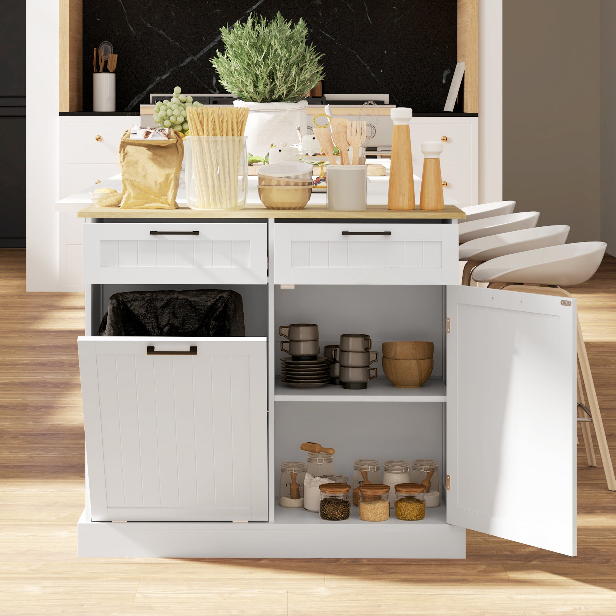 HOMCOM 10 Gallon Hidden Garbage Bin Cabinet, Tilt Out Trash Cabinet w/ 2 Drawers, Freestanding Kitchen Island, White