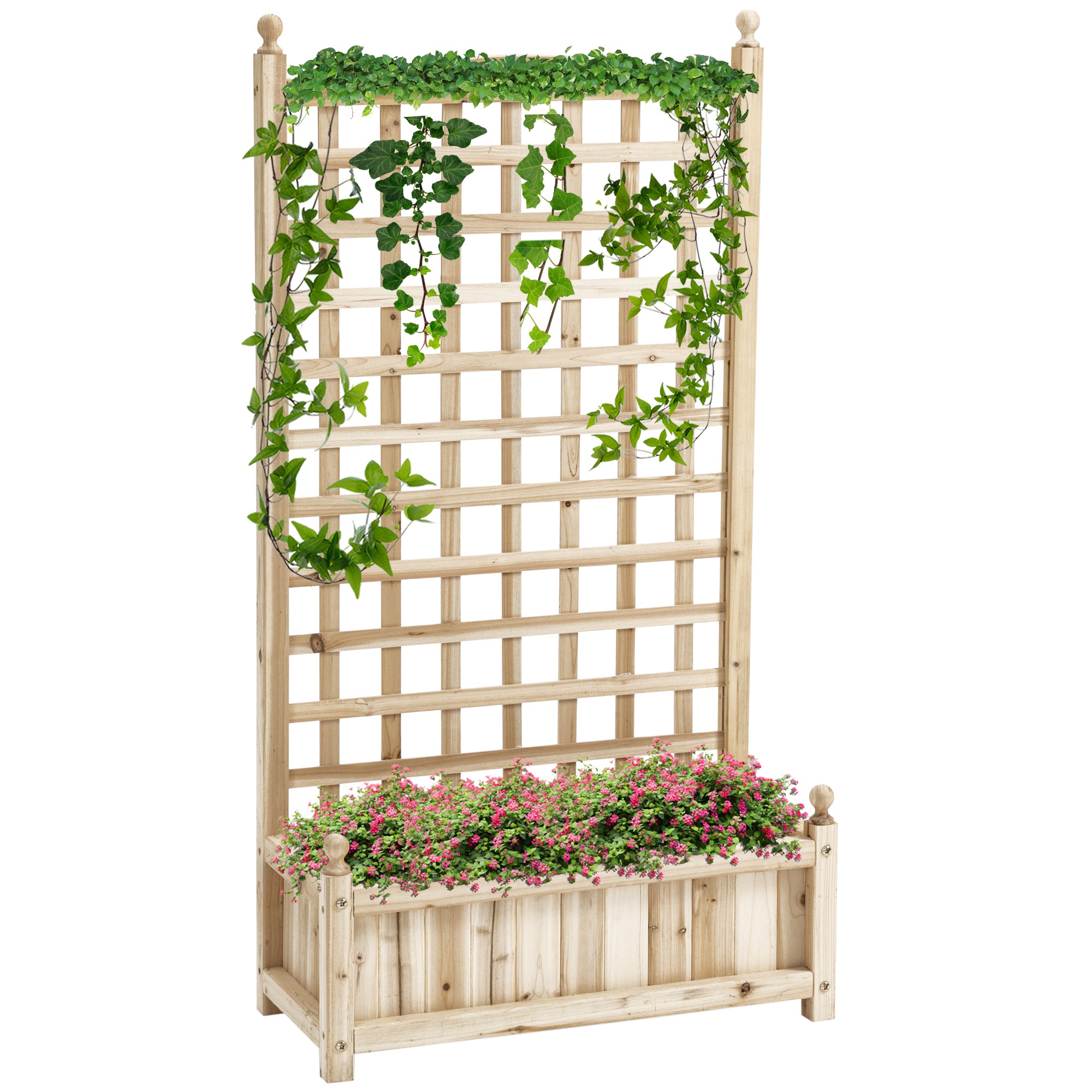 Outsunny Raised Garden Bed with Trellis, Wood Planter Box for Garden, Free Standing Flower Bed, 25.2" x 11" x 47.2" Natural Wood