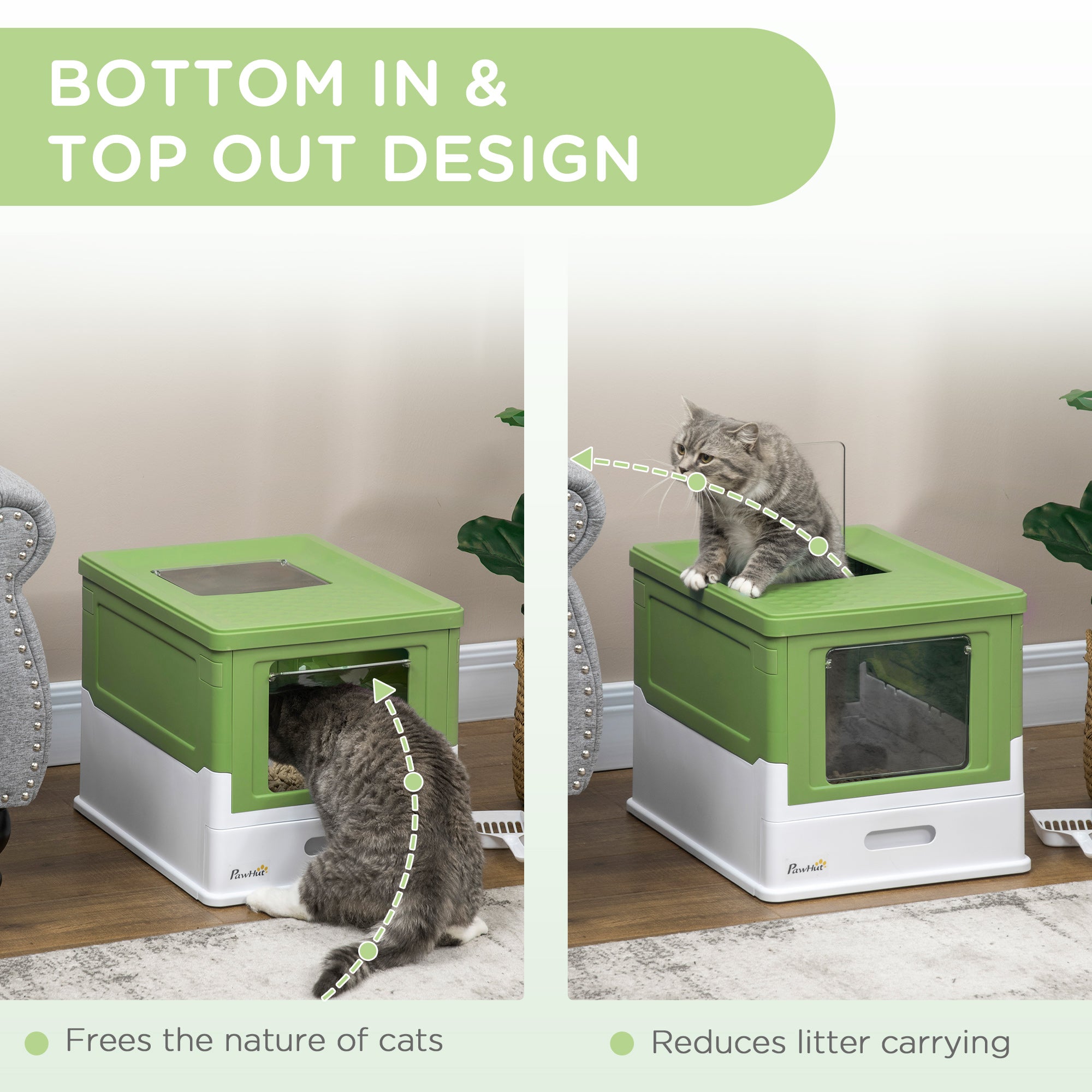 PawHut Top Entry Enclosed Kitty Litter Box with Scoop, Tray, Front Entry, Large Space, Foldable, Portable, Dark Green
