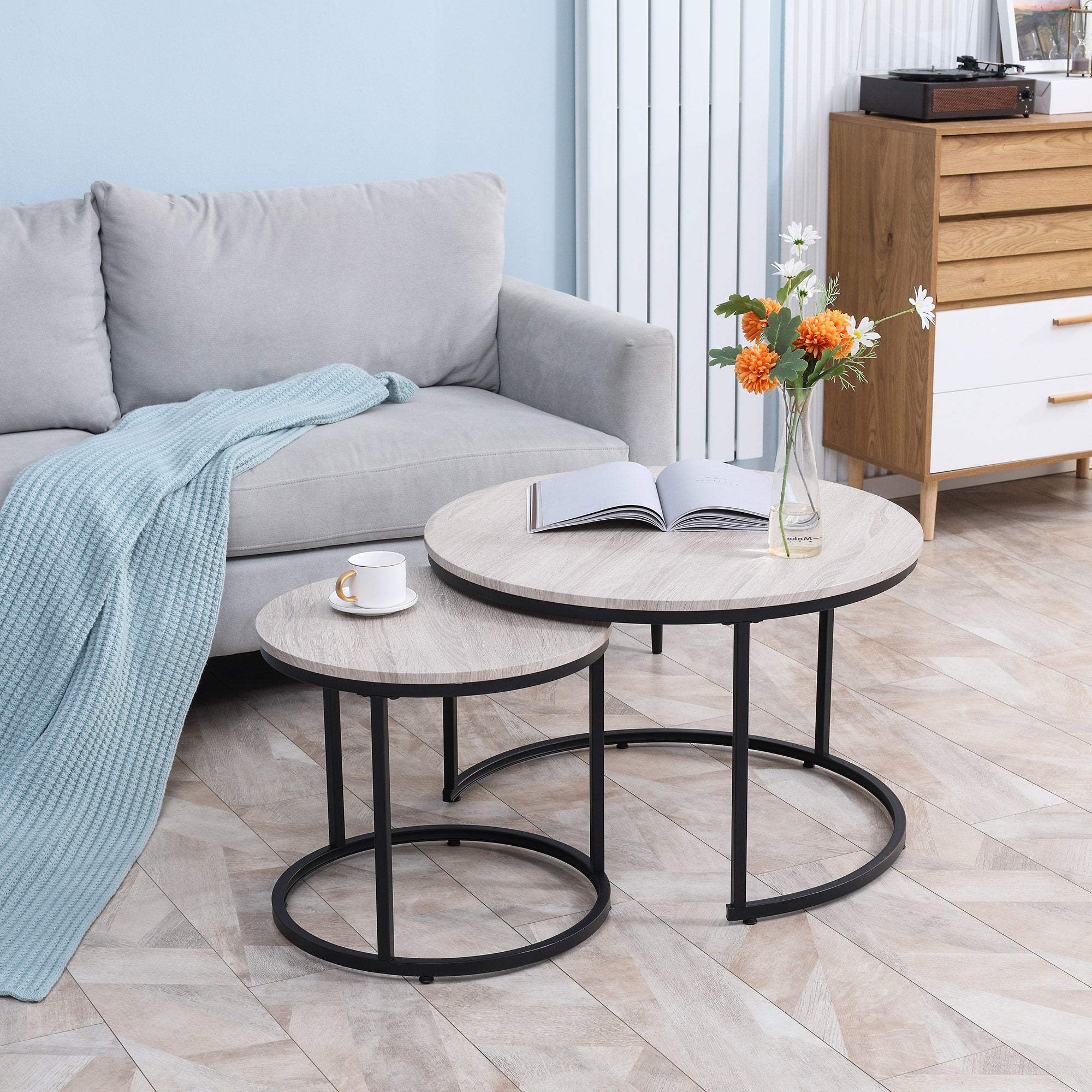 HOMCOM Nesting Coffee Tables Set of 2, Round Coffee Table with Metal Frame, Living Room Tables, Grey Wood Grain
