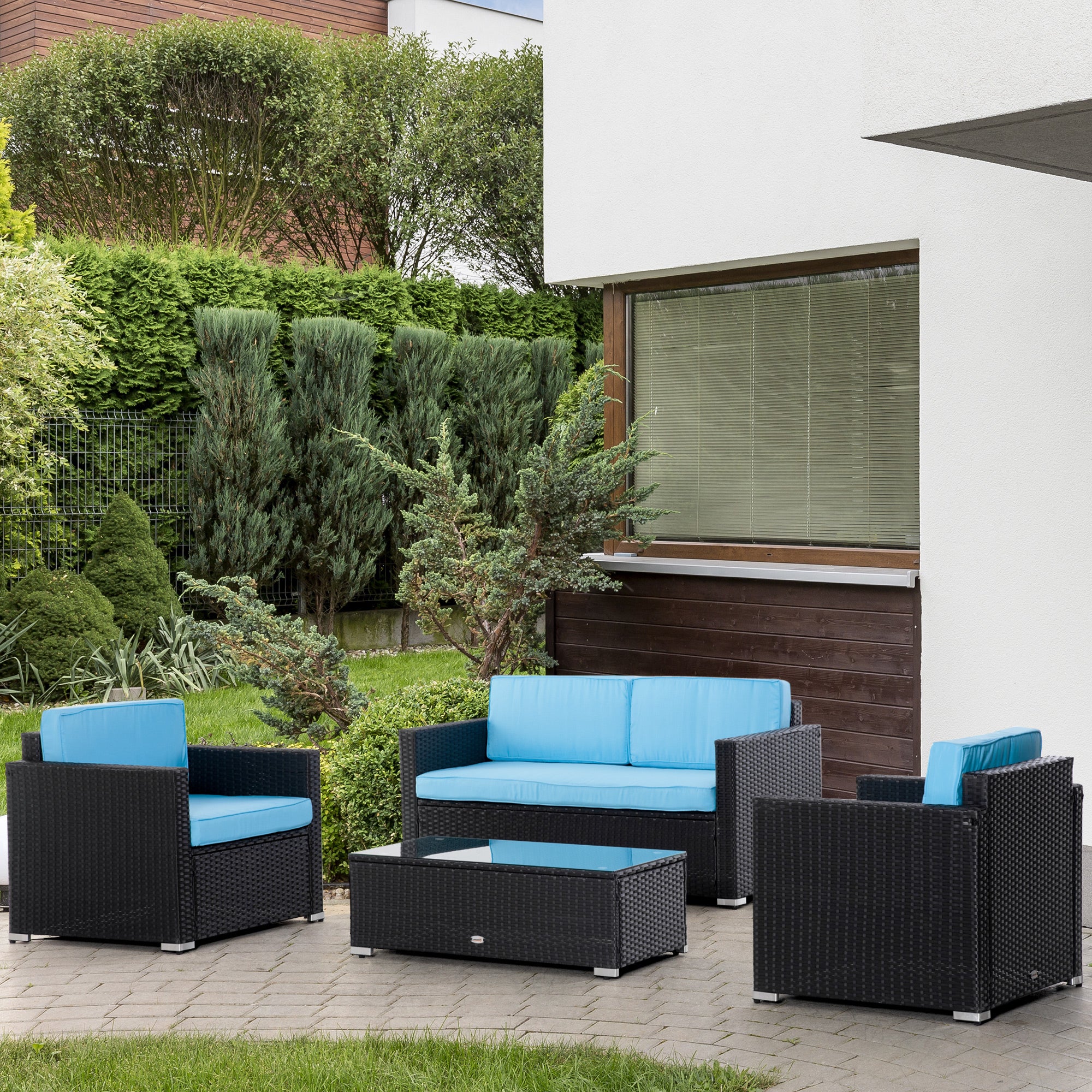 Outsunny 4 Pieces Wicker Patio Furniture Set with Thick Cushions, Outdoor PE Rattan Conversation Sofa Set with Glass Top Table & Extra Wide Seat, Sky Blue