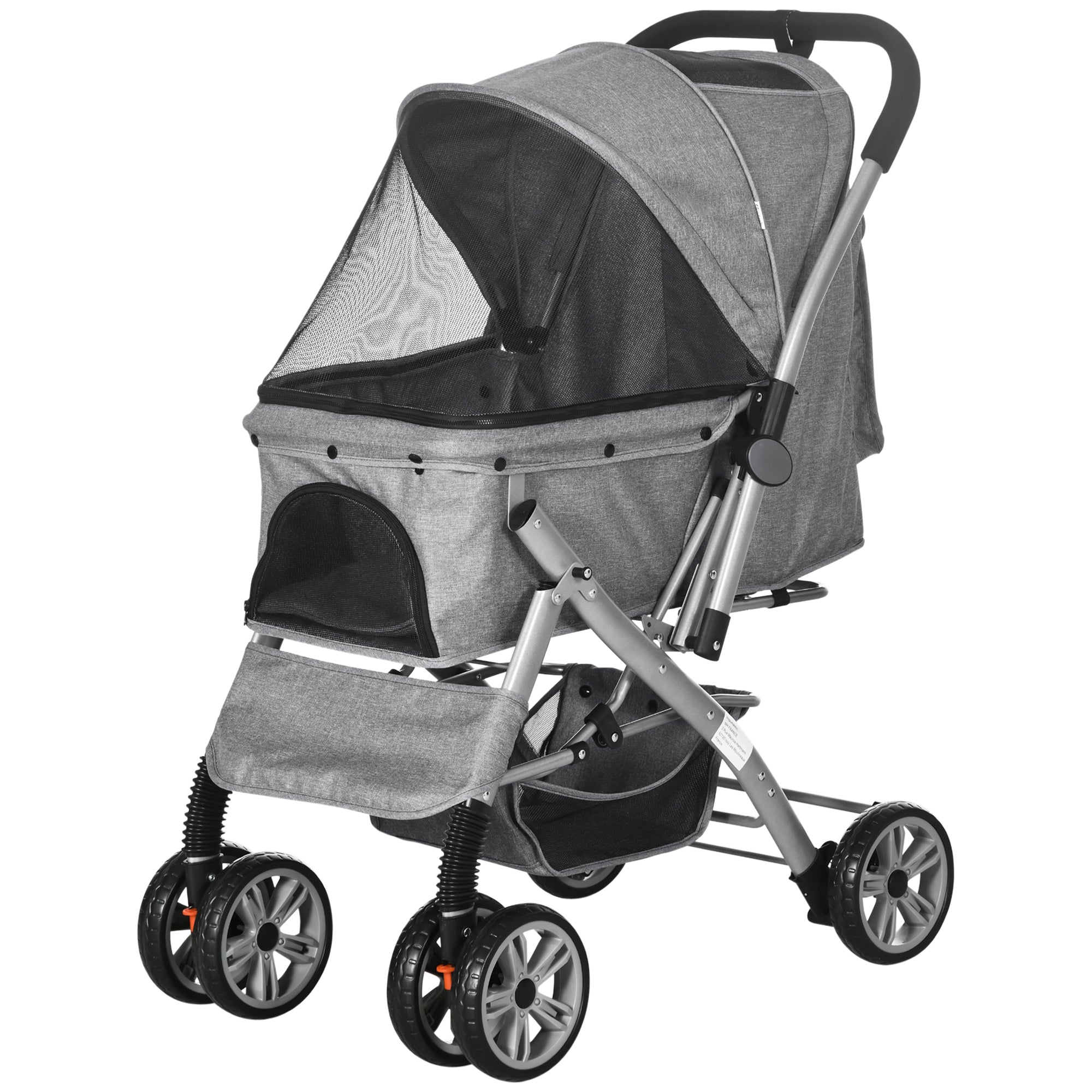 PawHut 4 Wheels Pet Stroller w/ Reversible Handle, Foldable Dog Cat Travel Carriage w/ EVA Wheels Basket Storage Bag 3-stage Canopy Grey