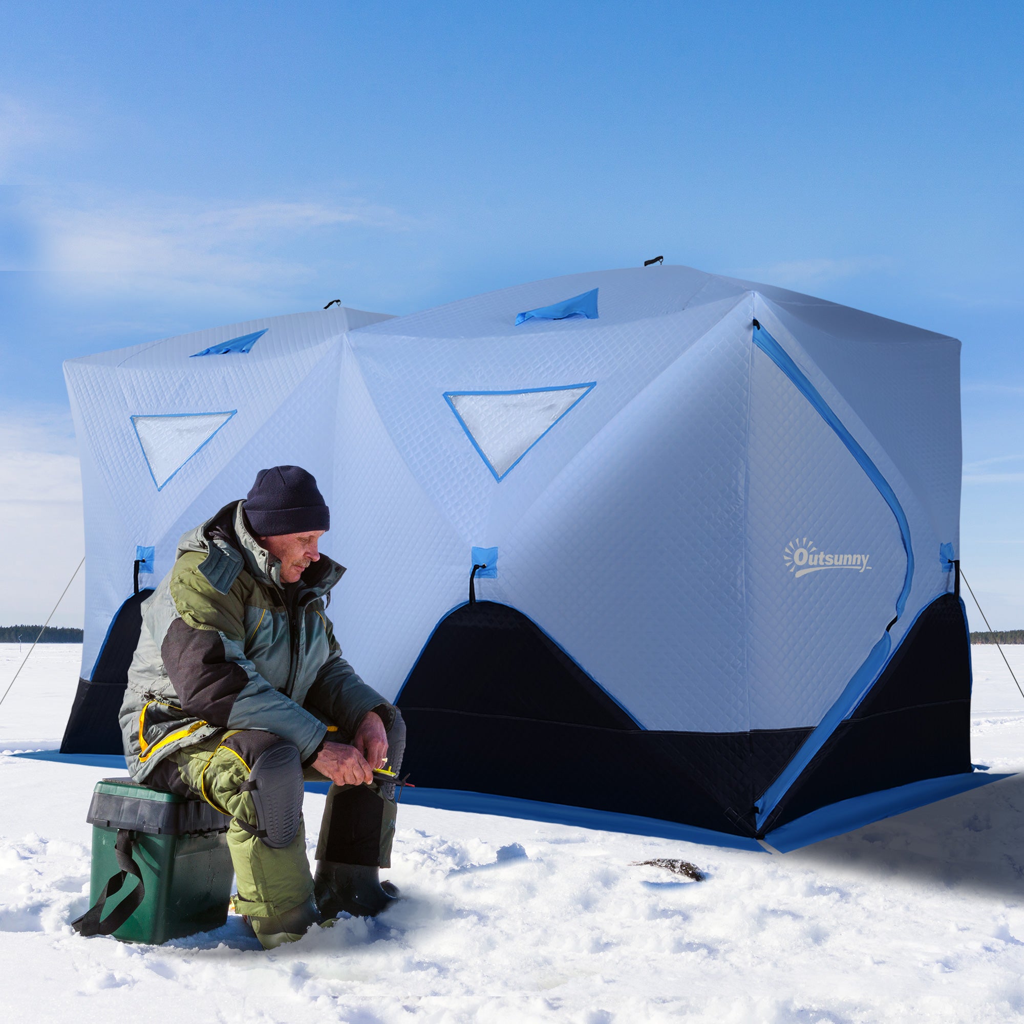 Outsunny 8-Person Insulated Ice Fishing Tent Shelter with Ventilation Windows and Carry Bag, for -22℉, Blue