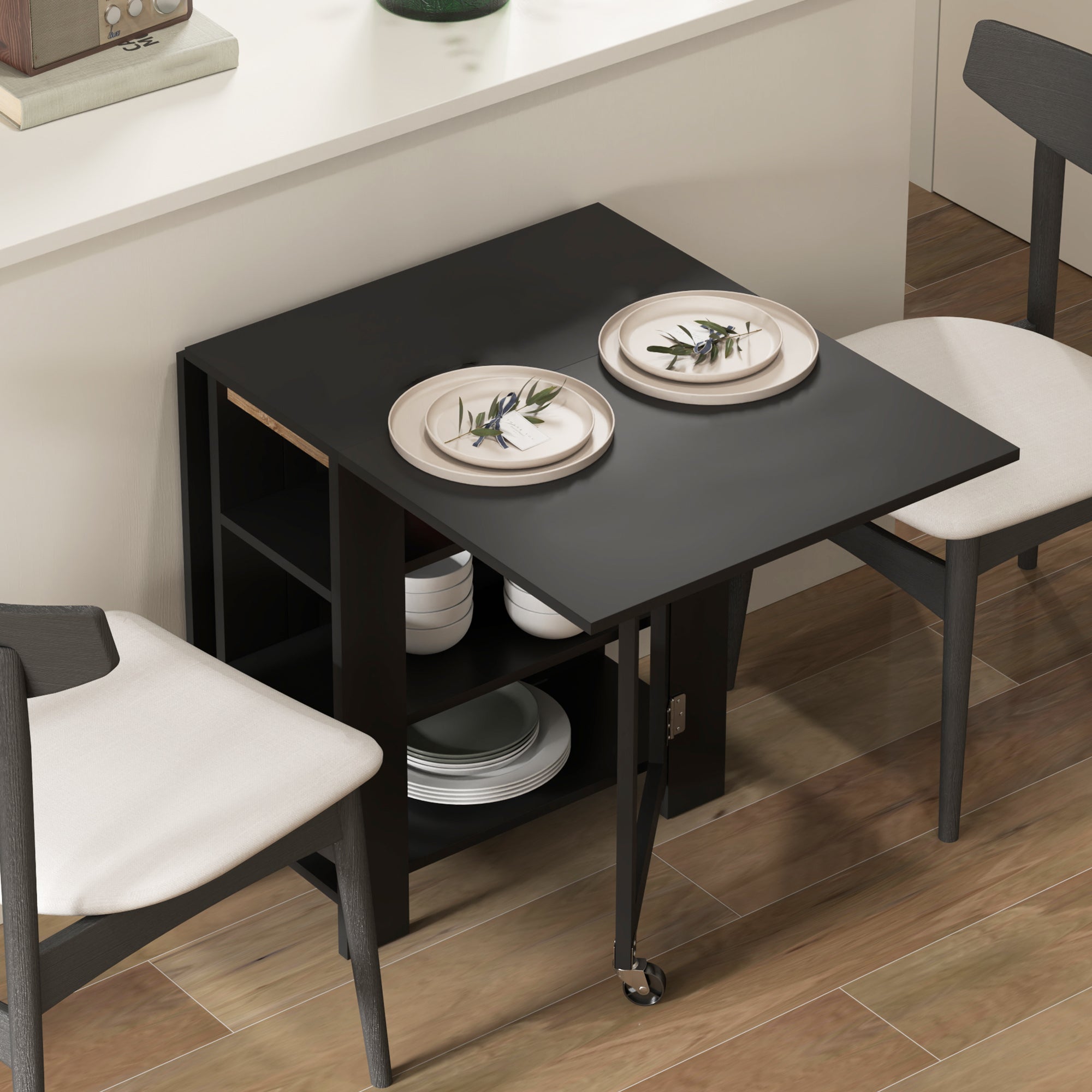 HOMCOM Folding Dining Table with Storage, Drop Leaf Kitchen Table for Small Spaces, Black