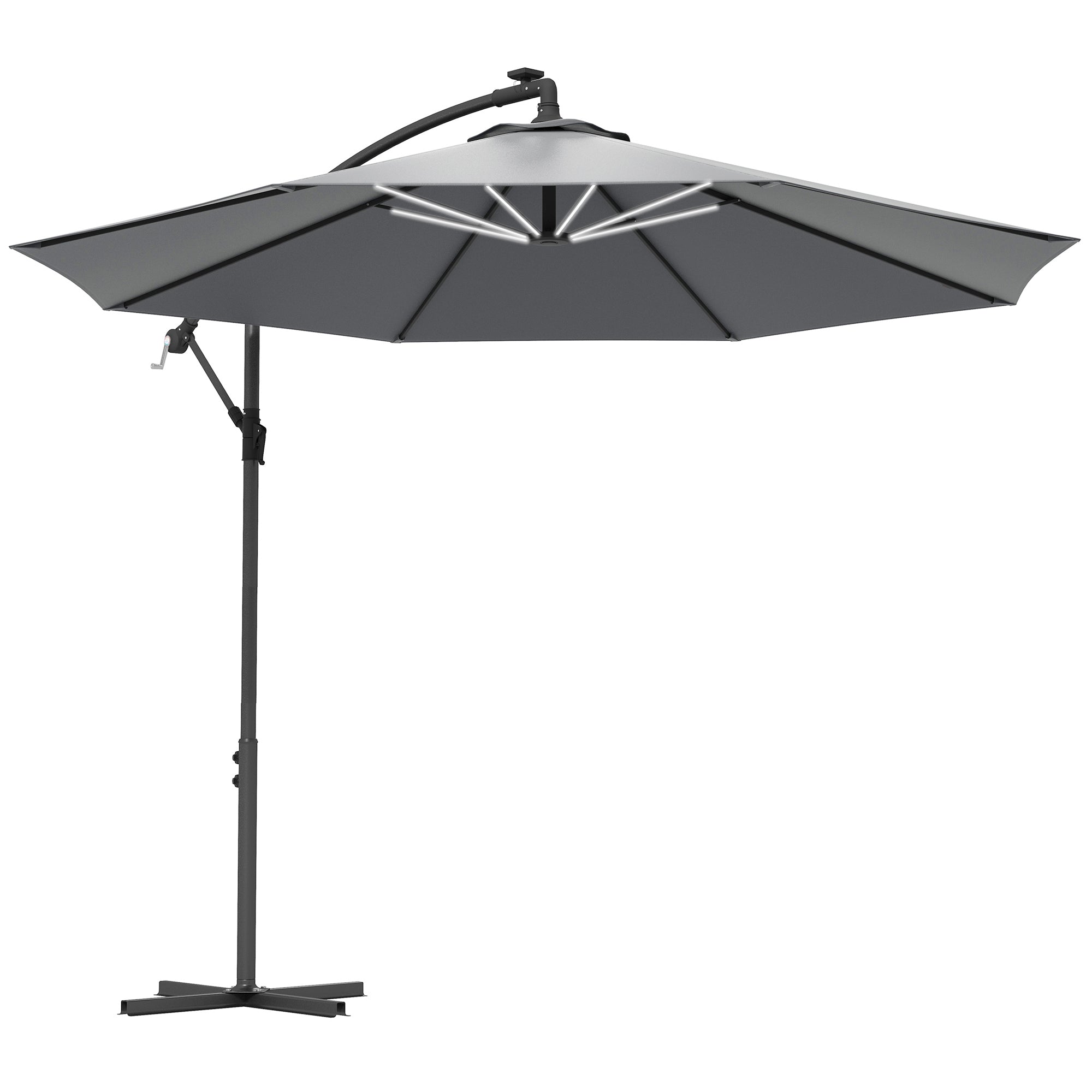 Outsunny 10ft Outdoor Cantilever Hanging Offset Umbrella with Solar LED Lights, Crank, Cross Base, Aluminum Frame, Grey