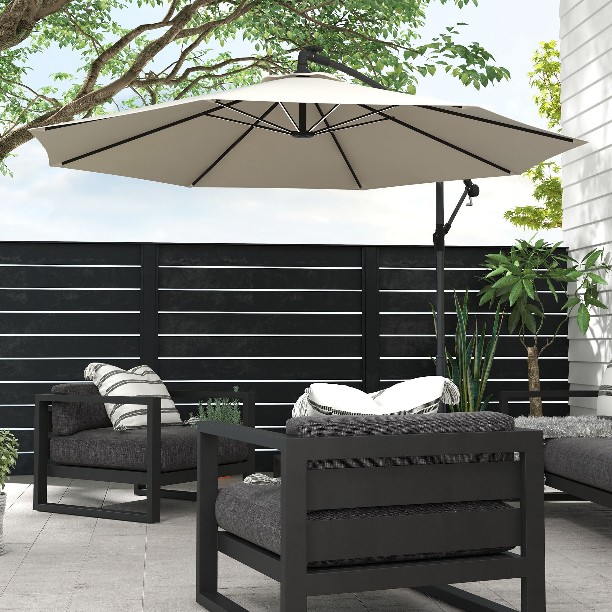 Outsunny 10ft Outdoor Cantilever Hanging Offset Umbrella with Solar LED Lights, Crank, Cross Base, Aluminum Frame, Beige