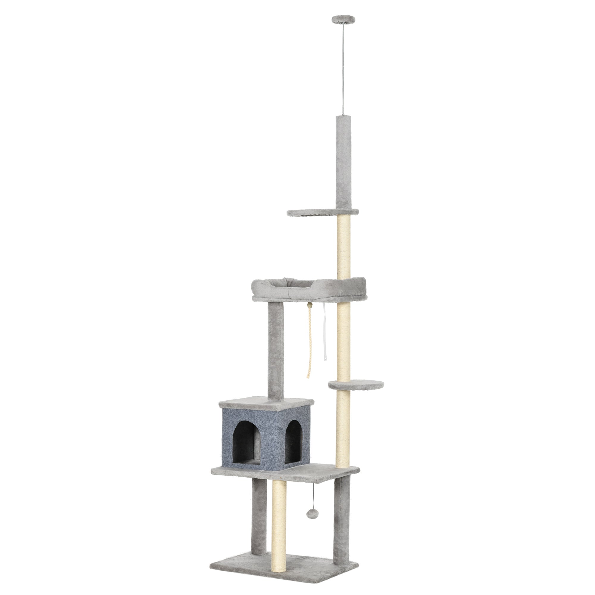 PawHut Cat Tree Floor to Ceiling Cat Tower Height Adjustable( 85-101 Inches), Tall Large Cat Climbing Activity Center with Scratching Posts Cat Condo Cozy Bed, Grey