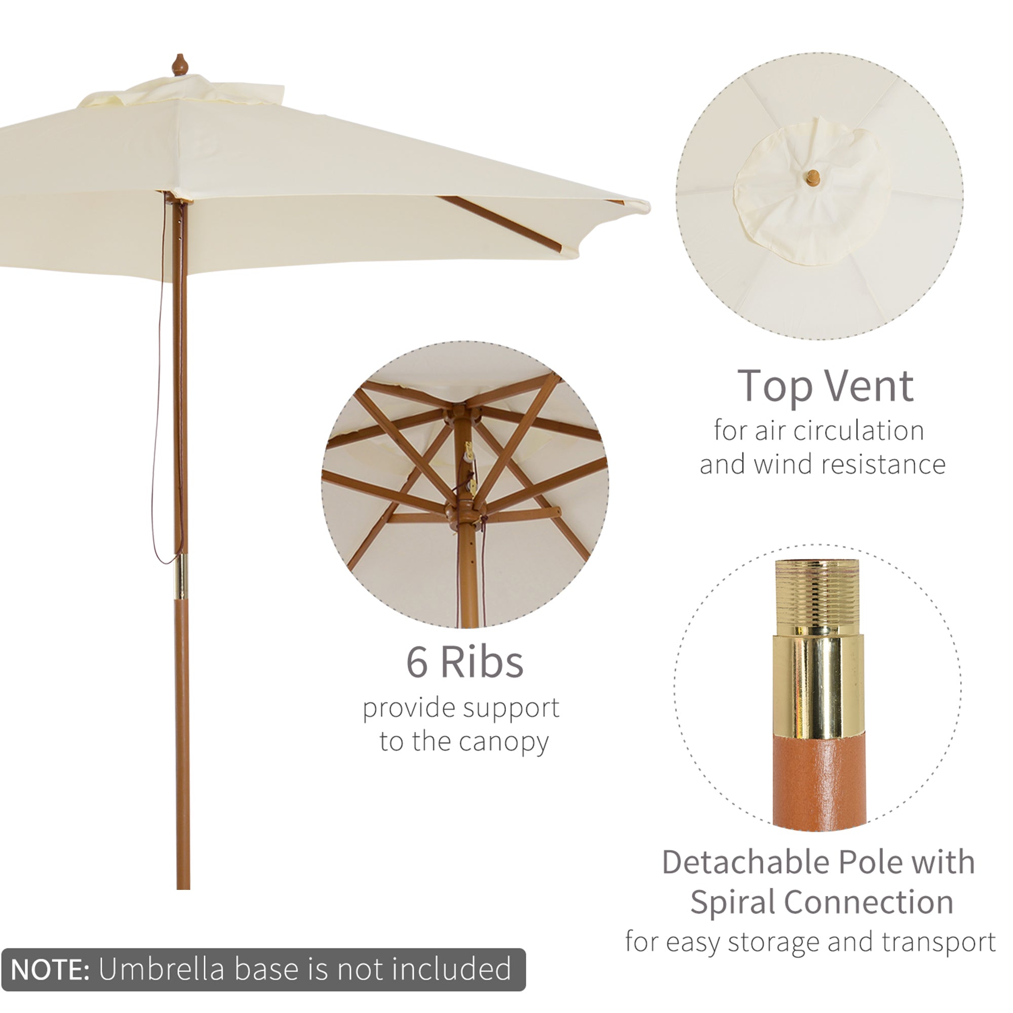 Outsunny 8FT Wood Market Umbrella Patio Umbrella Round Garden Parasol Canopy with Bamboo Ribs and Top Vent, Cream White