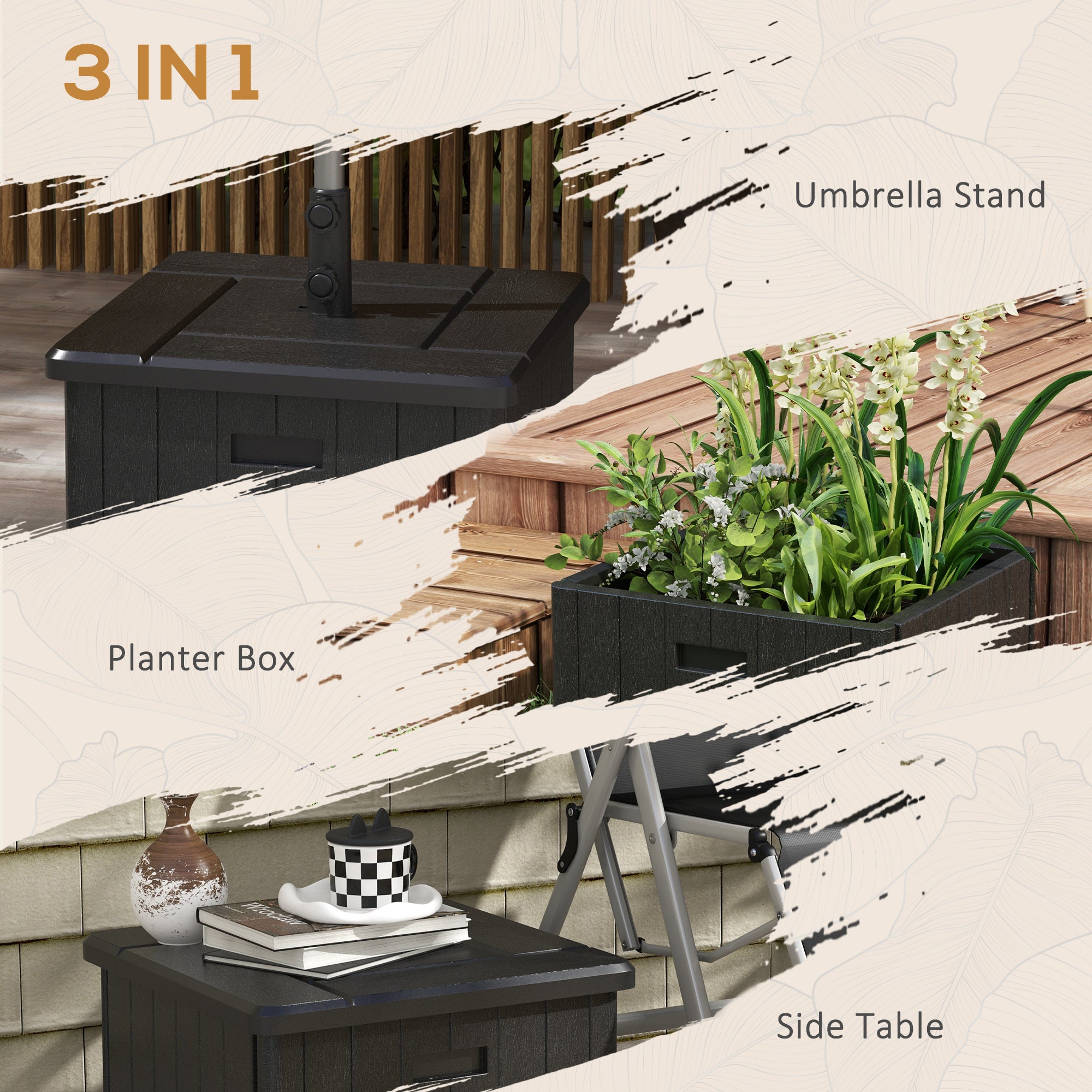 Outsunny 3-in-1 Outdoor Umbrella Base with Wheels and Handles, End Table, Flower Box Planter with Hole, 176 lbs. Capacity, Black