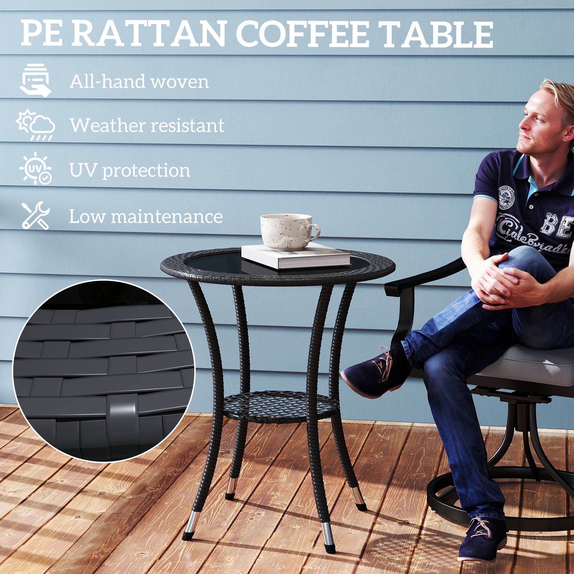 Outsunny Outdoor Rattan Dining Table, Patio Wicker Round Coffee Table with 2-Tier Storage Shelf, Black