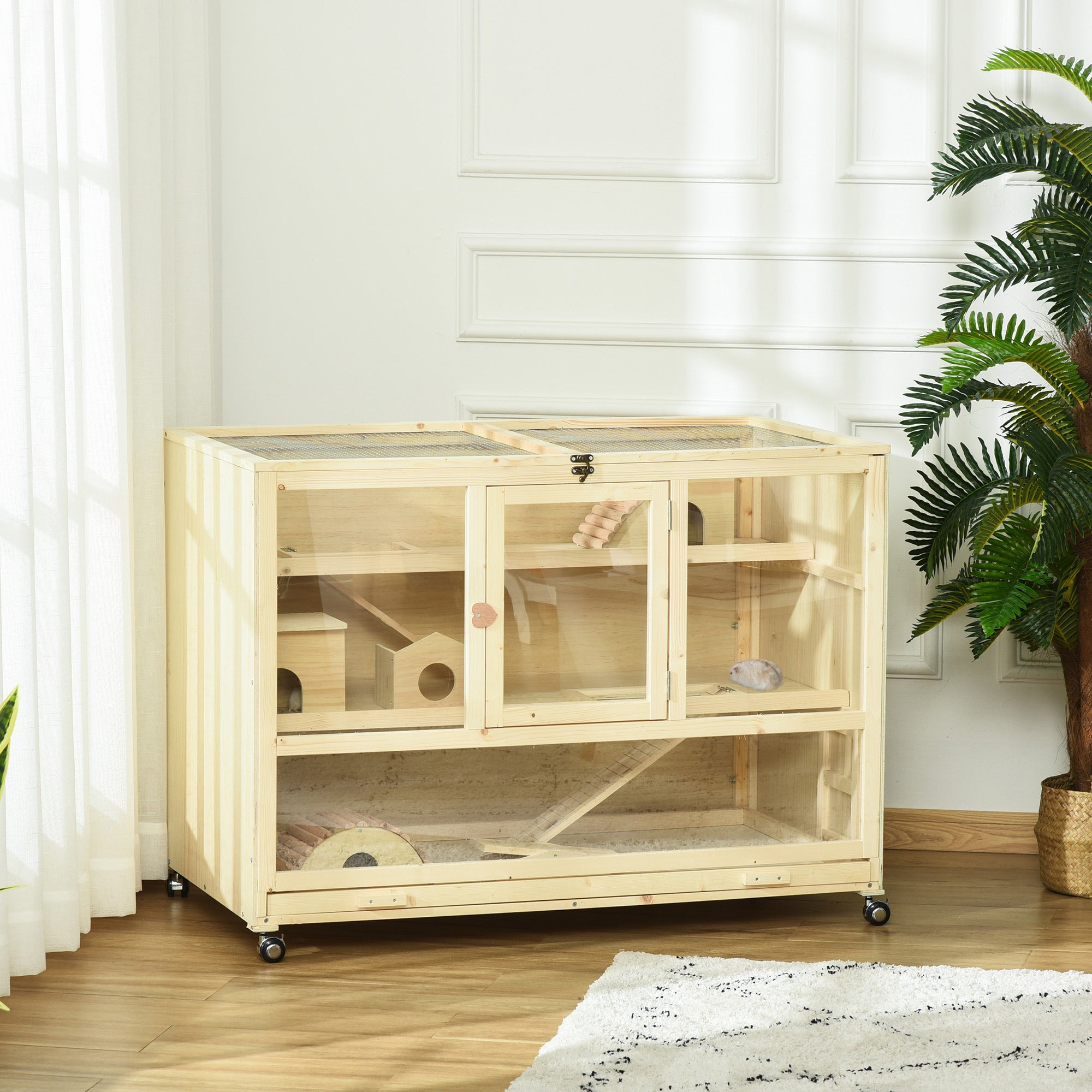 PawHut Wooden Hamster Cage, 3 Tier Rat Cage with Openable Roof, Run, Ladders, Run, Ladders, Wheels, Tray, Natural Wood