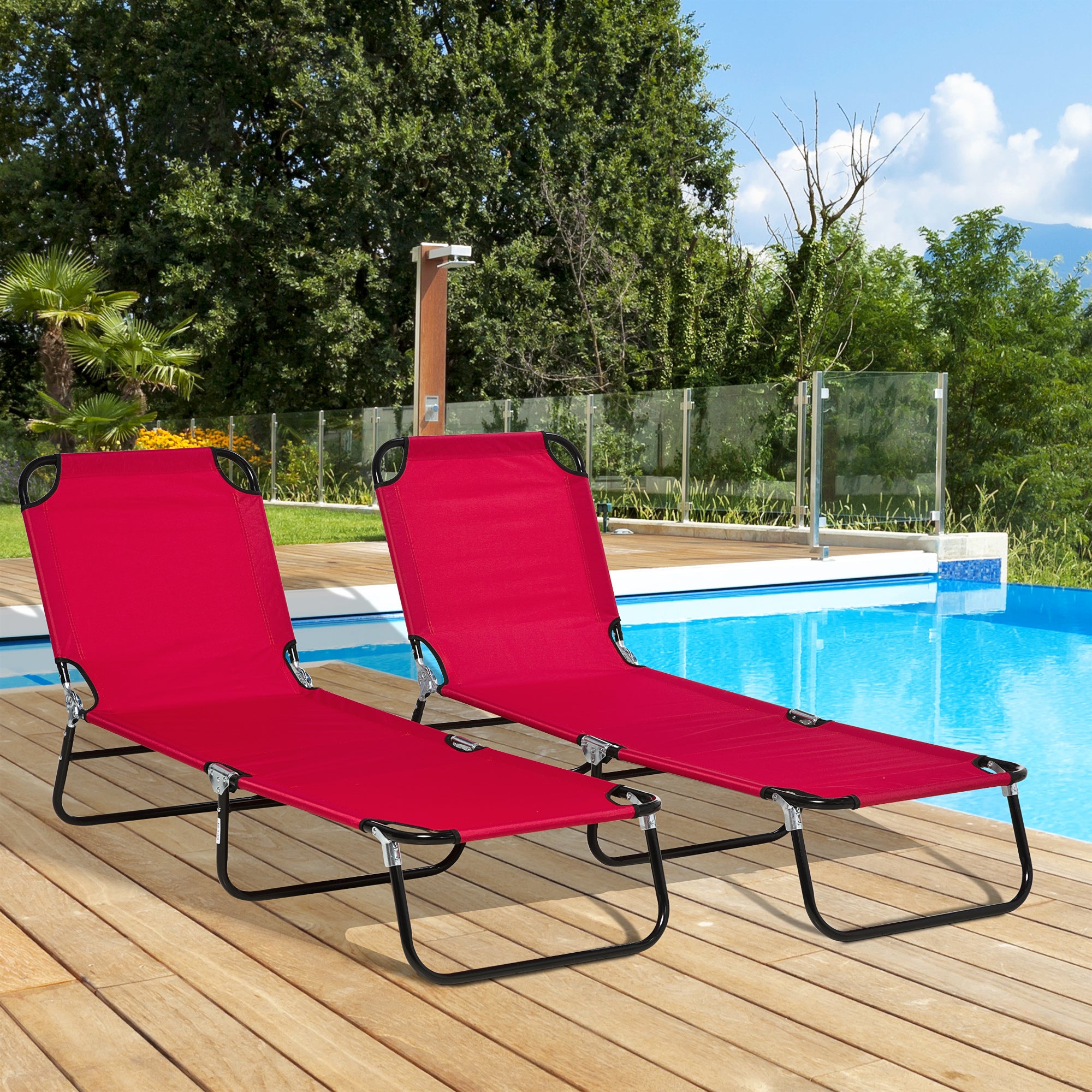 Outsunny Set of 2 Folding Outdoor Lounge Chair, Sun Tanning Chairs with Reclining Back, Breathable Mesh for Beach Patio, Red