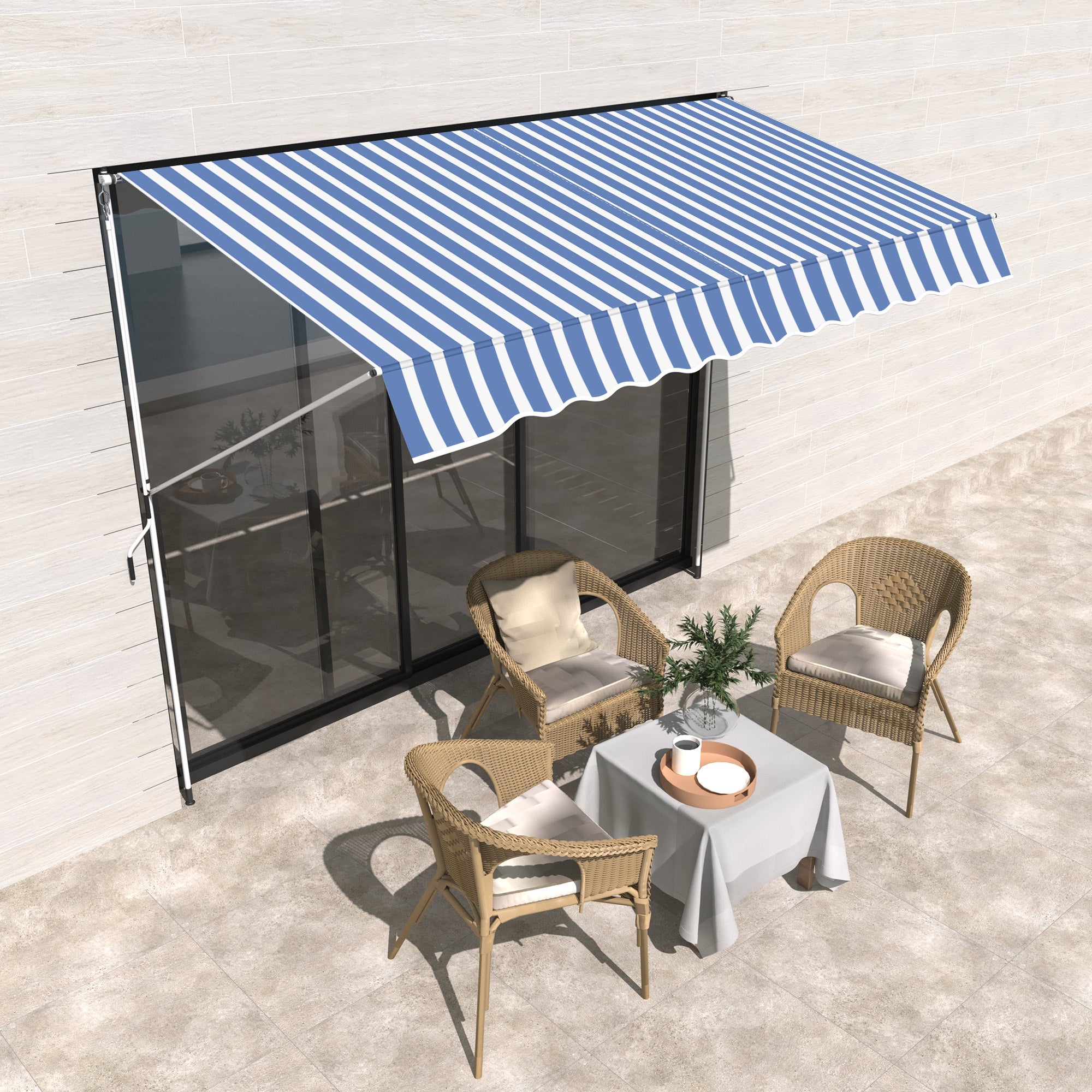Outsunny 10x5ft Manual Retractable Awning, Patio Sun Shade Canopy Shelter with 5.6-9.2ft Support Pole, Water Resistant UV Protector, for Window, Door, Porch, Deck, Blue