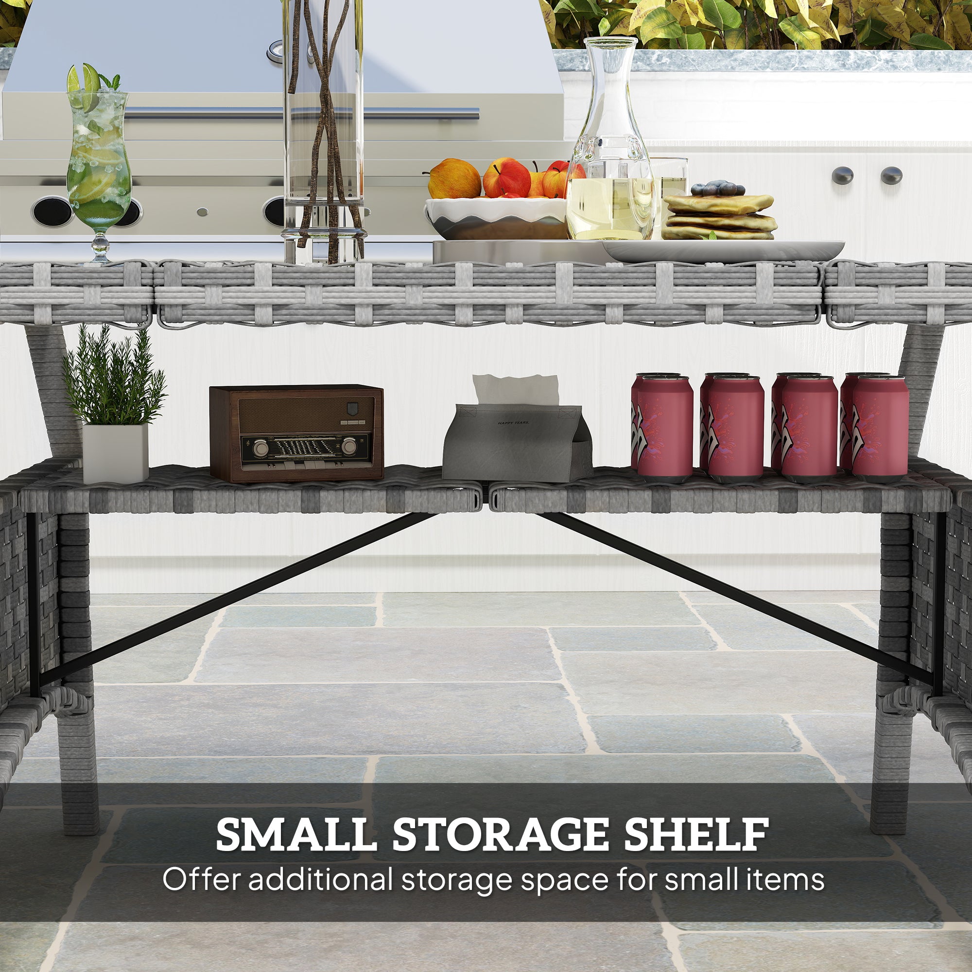 Outsunny 75" Outdoor Dining Table for 6-8, Wicker Patio Table with Storage Shelf and WPC Slatted Top for Balcony, Grey