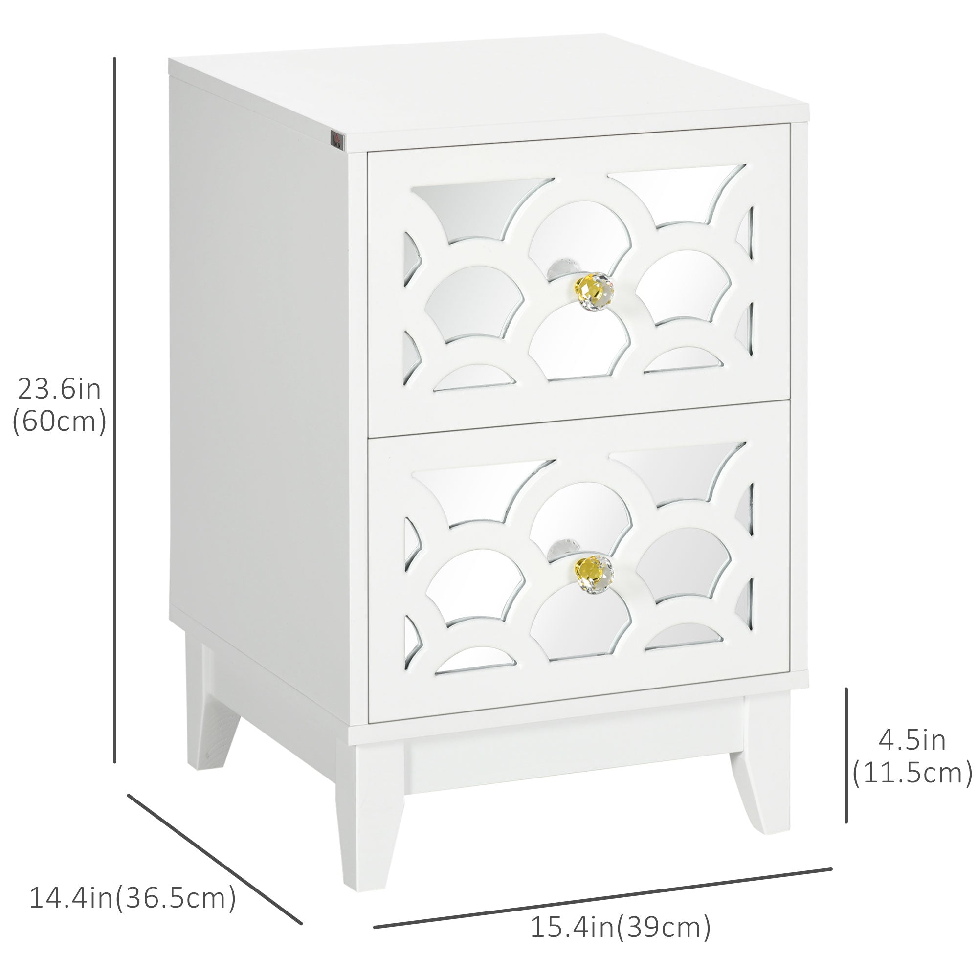 HOMCOM Modern Bedside Table, Side End Table with Drawers and Front Mirror, 15.4"x14.4"x23.6", White